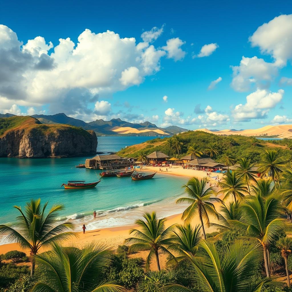 A picturesque scene showcasing the natural beauty and cultural richness of Brazil's Northeast, featuring vibrant landscapes of golden sandy beaches, lush green palm trees, and crystal-clear turquoise waters in the foreground. In the middle ground, depict a traditional fishing village with charming thatched-roof huts and colorful boats anchored along the shore, surrounded by local artisans demonstrating their crafts. In the background, convey dramatic cliffs and rolling dunes beneath a bright blue sky with fluffy white clouds, setting a warm and inviting mood. Use soft golden sunlight to enhance the colors, captured from a low angle for a dynamic perspective that highlights the region’s enchanting allure. The atmosphere should evoke a sense of tranquility and appreciation for the rich culture and nature of the area. A picturesque scene showcasing the natural beauty and cultural richness of Brazil's Northeast, featuring vibrant landscapes of golden sandy beaches, lush green palm trees, and crystal-clear turquoise waters in the foreground. In the middle ground, depict a traditional fishing village with charming thatched-roof huts and colorful boats anchored along the shore, surrounded by local artisans demonstrating their crafts. In the background, convey dramatic cliffs and rolling dunes beneath a bright blue sky with fluffy white clouds, setting a warm and inviting mood. Use soft golden sunlight to enhance the colors, captured from a low angle for a dynamic perspective that highlights the region’s enchanting allure. The atmosphere should evoke a sense of tranquility and appreciation for the rich culture and nature of the area.