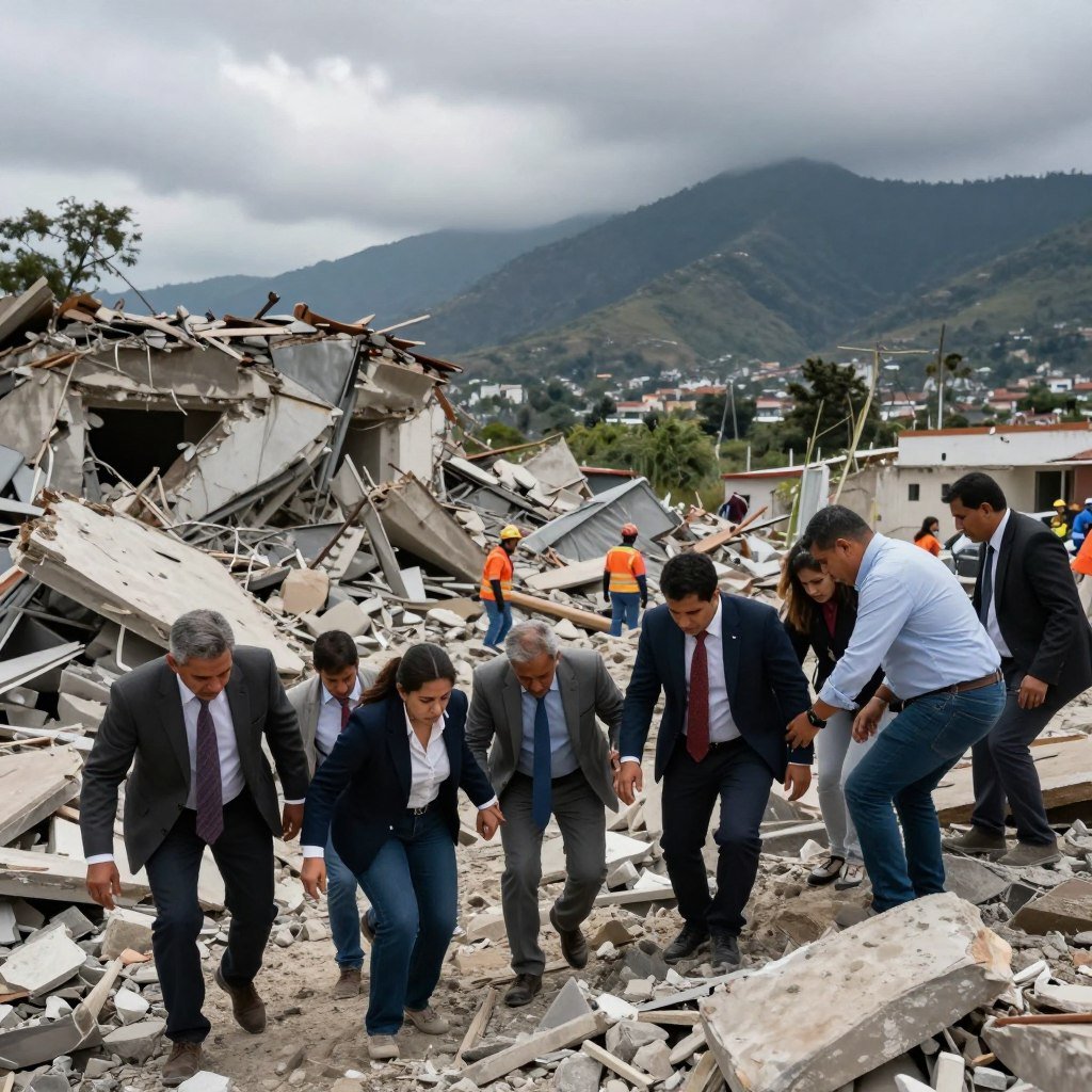 A powerful depiction of an earthquake in Venezuela, showcasing the immediate aftermath. In the foreground, a group of people dressed in professional business attire are helping each other navigate through rubble and debris, displaying concern but also resilience. In the middle ground, a partially collapsed building hints at the earthquake's destructive power, with emergency responders visible. In the background, the Venezuelan landscape is marked with mountains under a dramatic, overcast sky, emphasizing the somber mood. Soft, diffused lighting creates a sense of urgency and hope. The angle captures the scene slightly from above, highlighting both the human effort and the natural chaos, evoking lessons learned from this disaster for the future. A powerful depiction of an earthquake in Venezuela, showcasing the immediate aftermath. In the foreground, a group of people dressed in professional business attire are helping each other navigate through rubble and debris, displaying concern but also resilience. In the middle ground, a partially collapsed building hints at the earthquake's destructive power, with emergency responders visible. In the background, the Venezuelan landscape is marked with mountains under a dramatic, overcast sky, emphasizing the somber mood. Soft, diffused lighting creates a sense of urgency and hope. The angle captures the scene slightly from above, highlighting both the human effort and the natural chaos, evoking lessons learned from this disaster for the future.
