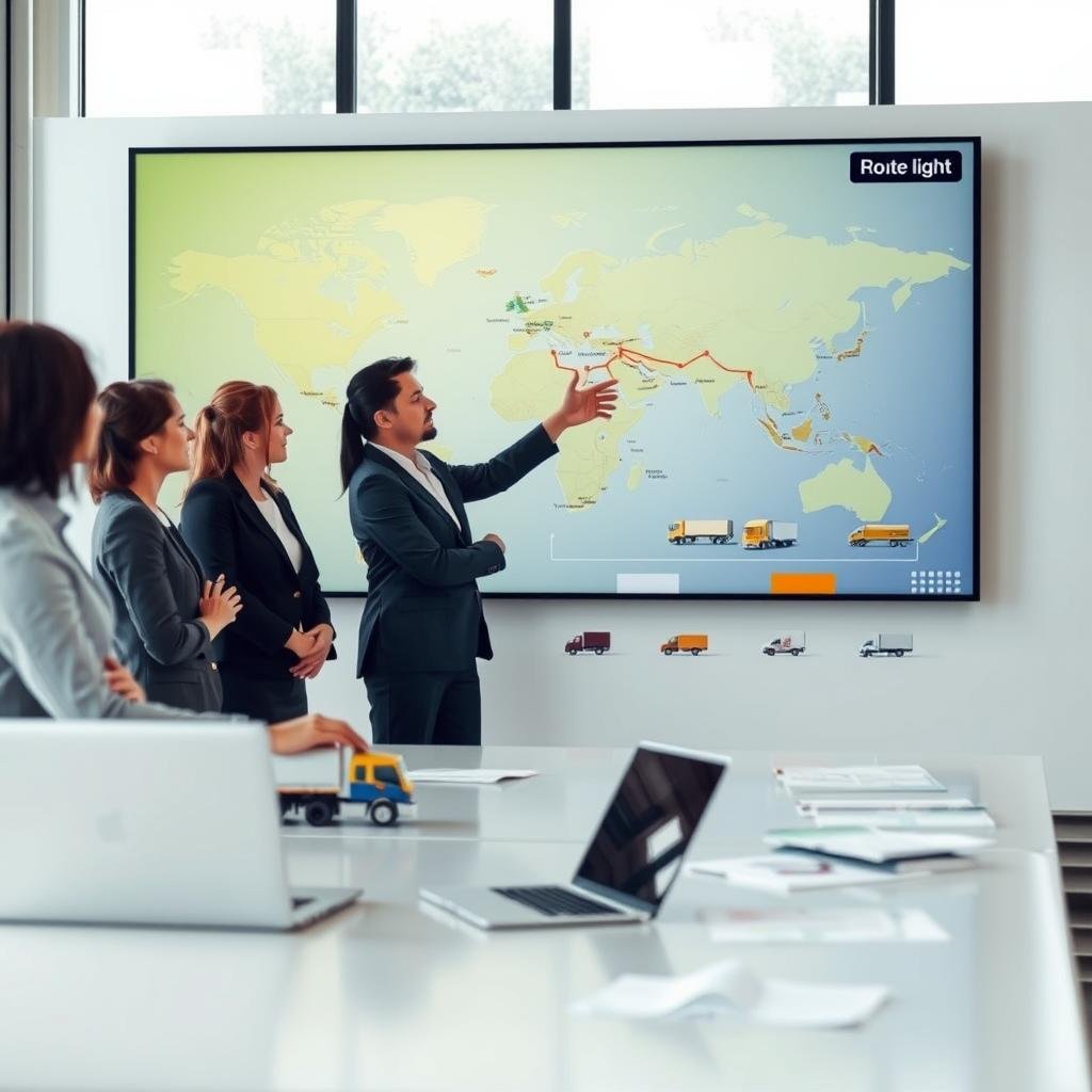 A professional and modern office space with a large digital map displayed on the wall, showcasing various routes and optimization strategies. In the foreground, a diverse team of three professionals, dressed in business attire, is intently discussing and analyzing the map. One person points at a highlighted route, while the others take notes. In the middle ground, various transport models like trucks and delivery vans are illustrated, symbolizing different logistics solutions. The background features a sleek conference table with laptops and papers scattered, emphasizing a collaborative atmosphere in route planning. Soft, natural lighting filters through large windows, creating a productive and focused mood ideal for strategic discussions. A professional and modern office space with a large digital map displayed on the wall, showcasing various routes and optimization strategies. In the foreground, a diverse team of three professionals, dressed in business attire, is intently discussing and analyzing the map. One person points at a highlighted route, while the others take notes. In the middle ground, various transport models like trucks and delivery vans are illustrated, symbolizing different logistics solutions. The background features a sleek conference table with laptops and papers scattered, emphasizing a collaborative atmosphere in route planning. Soft, natural lighting filters through large windows, creating a productive and focused mood ideal for strategic discussions.