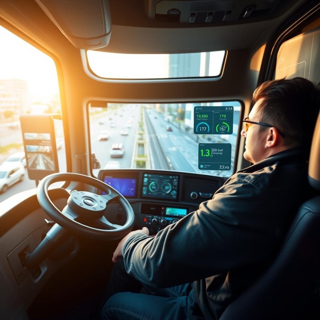 A professional driver sitting inside a modern truck cabin, focused on a high-tech dashboard displaying various digital interfaces and applications, such as GPS navigation and fuel efficiency metrics. The foreground features the driver in smart casual clothing, demonstrating concentration as they interact with the technology. The middle layer includes the truck's console with vivid screens casting a soft glow. In the background, a blurred urban landscape of Brazil is visible, showcasing bustling streets and modern infrastructure. The lighting is warm and inviting, suggesting a productive daytime atmosphere. The overall mood is empowering and efficient, emphasizing the role of technology in enhancing the benefits for professional drivers.
