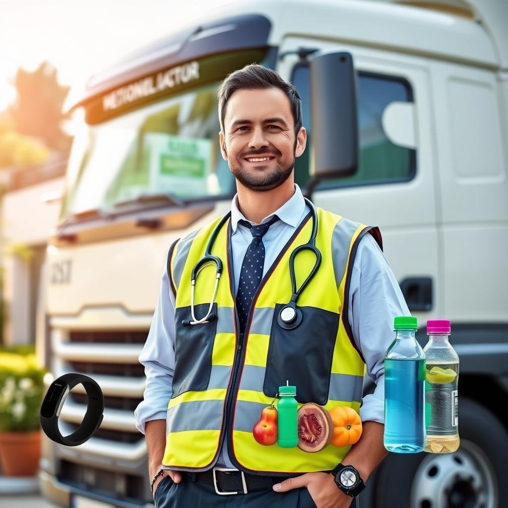 A professional driver stands confidently near a modern truck, wearing a smart uniform and a safety vest. Surrounding him, visual elements represent health and wellness benefits: a stethoscope, a fitness tracker, and nutritious food items like fruits and water bottles, all artfully arranged. In the background, a bright, welcoming health facility with green landscaping portrays a sense of community and care. Soft natural lighting illuminates the scene, creating an uplifting atmosphere. The angle focuses on the driver, emphasizing his role, with a depth of field that gently blurs the background to maintain focus on him and the wellness elements. The mood is optimistic, highlighting the positive impact of health programs for professional drivers in Brazil.
