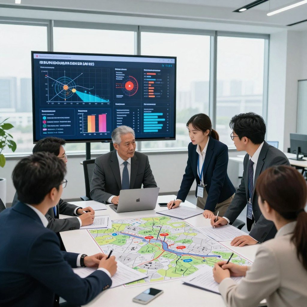 A professional emergency management scene unfolds in the foreground, featuring diverse individuals in business attire collaborating around a table filled with maps and data on natural disaster risks. In the middle ground, a large digital display screen showcases graphs and emergency response strategies, highlighting the importance of crisis management. The background features a modern office with large windows, allowing natural light to fill the space, creating a bright and focused atmosphere. The room is organized and professional, illustrating the importance of planning and response during natural disasters. The mood is serious yet collaborative, symbolizing unity and determination in overcoming challenges. Use a slight overhead angle to emphasize teamwork and strategy in action. A professional emergency management scene unfolds in the foreground, featuring diverse individuals in business attire collaborating around a table filled with maps and data on natural disaster risks. In the middle ground, a large digital display screen showcases graphs and emergency response strategies, highlighting the importance of crisis management. The background features a modern office with large windows, allowing natural light to fill the space, creating a bright and focused atmosphere. The room is organized and professional, illustrating the importance of planning and response during natural disasters. The mood is serious yet collaborative, symbolizing unity and determination in overcoming challenges. Use a slight overhead angle to emphasize teamwork and strategy in action.