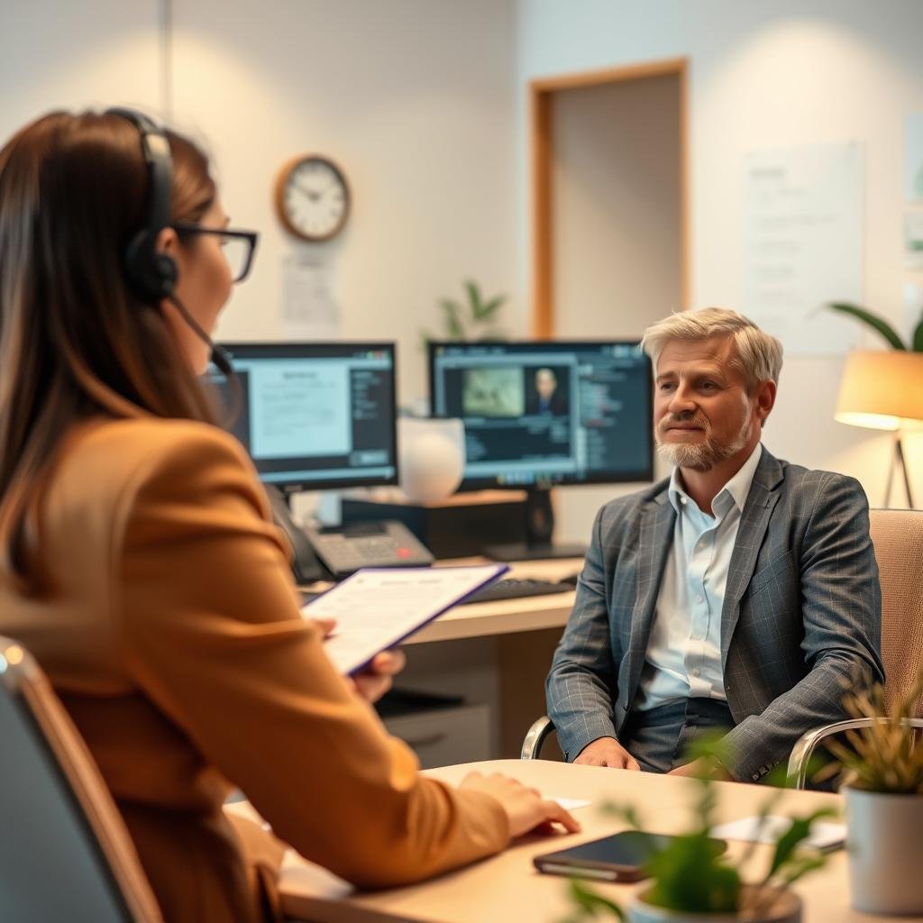 A professional indoor scene depicting a friendly customer service agent assisting a client in an emergency situation. In the foreground, focus on the agent, a person in smart business attire, attentively listening and taking notes while guiding a visibly concerned client, who is seated across from them. In the middle ground, show a well-organized office with emergency communication tools like phones and a computer screen displaying emergency resources. The background should feature a calming, softly lit environment with neutral colors that conveys trust and safety. Use warm, inviting lighting to create a reassuring atmosphere, capturing the essence of 24-hour assistance and support. The angle should be a slightly elevated perspective to encompass both characters and the office setting, emphasizing a sense of professionalism and reliability.