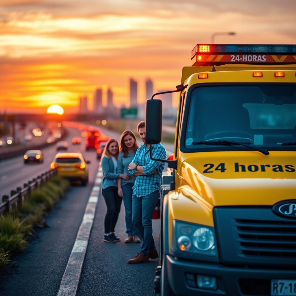 A professional roadside assistance scene featuring a bright yellow tow truck prominently in the foreground, parked alongside a bustling highway at dusk. The truck is equipped with flashing lights, illustrating its "24 horas" service. In the middle ground, a family in modest casual clothing stands near their vehicle, appearing relieved as they receive assistance. The background showcases a vibrant sunset sky, casting a warm glow over the scene, with blurred silhouettes of distant city buildings and road signs. The mood evokes a sense of security and promptness. Use a slightly elevated angle to capture the entire environment, ensuring the lighting highlights the truck's details while softening the family’s expressions for approachability.