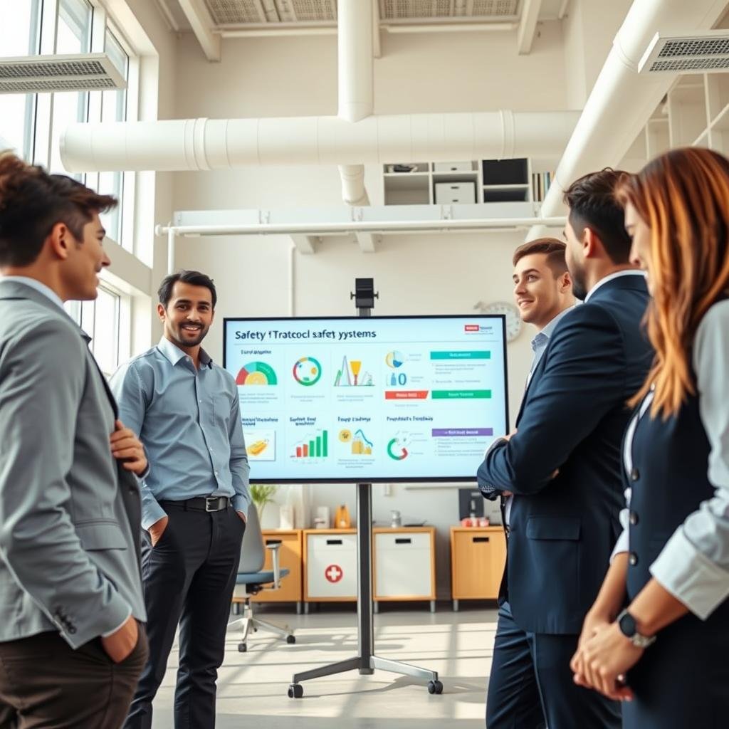 A professional safety training session in a modern office setting to illustrate accident prevention. In the foreground, a diverse group of four employees in professional attire, attentively listening to a speaker presenting safety protocols and alert systems. The middle ground features a large screen displaying charts and infographics about accident statistics and prevention strategies. In the background, a well-organized workplace with safety posters, first aid kits, and ergonomic furniture. Soft, natural lighting filters through large windows, creating a bright and optimistic atmosphere. The angle is slightly tilted downward, capturing the engaged expressions of the participants, emphasizing their commitment to safety and proactive measures.