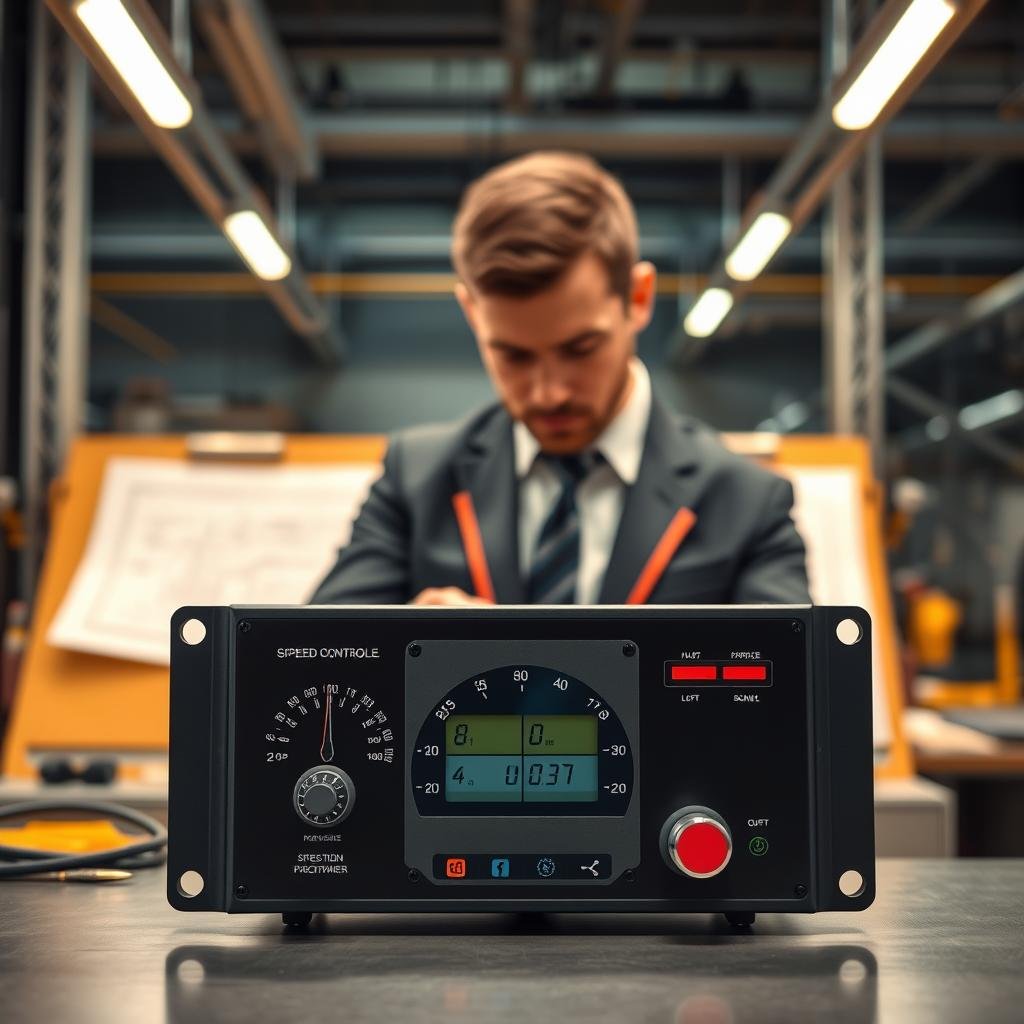 A professional speed controller displayed prominently in the foreground, showcasing various dials and a digital interface, set against a sleek, modern industrial background. The middle ground features a technician in professional business attire, intently examining the speed controller, symbolizing expertise and precision. The background includes subtle hints of an engineering workspace with blueprints and tools, enhancing the technical context. Warm, bright lighting illuminates the subject, creating a focused atmosphere that evokes innovation and professionalism. The camera angle is slightly above eye level, allowing for a clear view of the controller's details and the technician's engagement, adding depth to the composition. A professional speed controller displayed prominently in the foreground, showcasing various dials and a digital interface, set against a sleek, modern industrial background. The middle ground features a technician in professional business attire, intently examining the speed controller, symbolizing expertise and precision. The background includes subtle hints of an engineering workspace with blueprints and tools, enhancing the technical context. Warm, bright lighting illuminates the subject, creating a focused atmosphere that evokes innovation and professionalism. The camera angle is slightly above eye level, allowing for a clear view of the controller's details and the technician's engagement, adding depth to the composition.