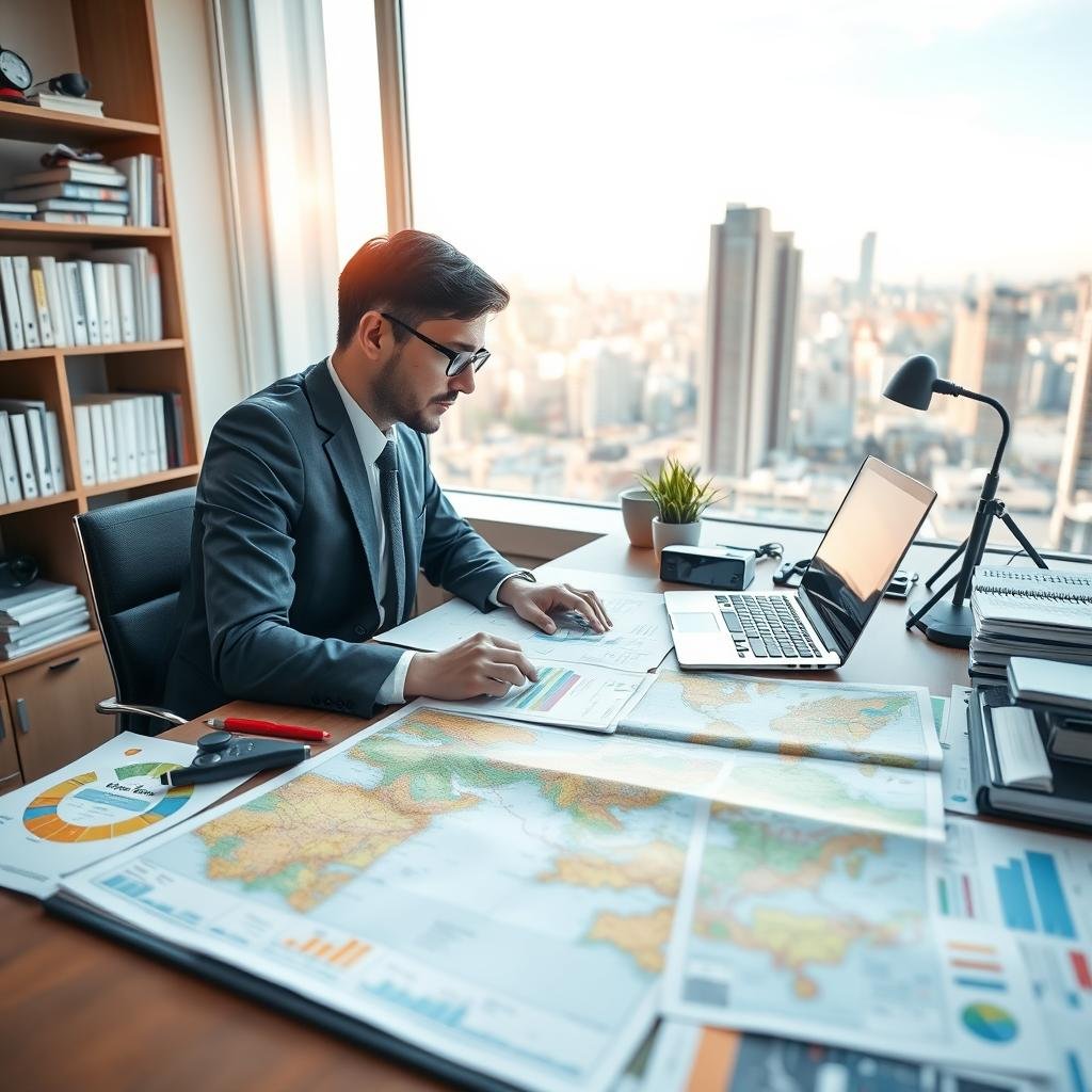 A professional translator and linguist in business attire, working intently at a desk cluttered with technical documentation related to geolocation. In the foreground, colorful maps and geographical data charts are spread out, alongside a laptop displaying a translation software interface. The middle ground features shelves lined with translation books and geolocation gadgets, emphasizing the technical aspect of the work. In the background, a large window reveals a vibrant cityscape, illuminated by soft morning light pouring in, creating a warm and focused atmosphere. The scene conveys a sense of professionalism, precision, and the importance of accurate translation in technical geolocation documentation. The composition should use a balanced angle, perhaps slightly above eye level, to enhance the depth and detail of the workspace.