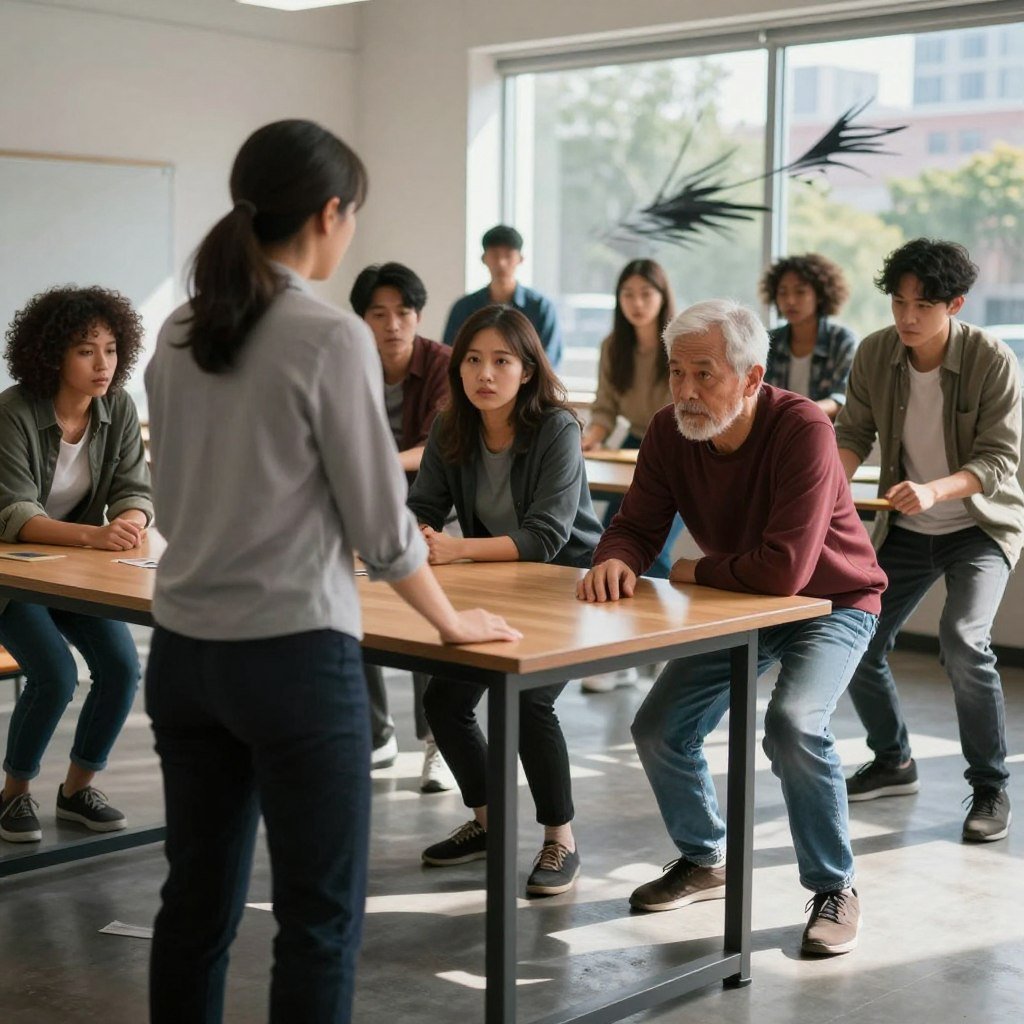 A realistic scene depicting a diverse group of people indoors during an earthquake drill, emphasizing safety protocols. In the foreground, a woman in professional attire calmly instructs others to drop under sturdy furniture, like a table. In the middle, individuals of different ages and ethnicities react with focused expressions, showcasing a sense of urgency and determination. In the background, a window reveals a cityscape with trees swaying, hinting at the earthquake’s impact. The lighting is natural daylight filtering through the window, casting soft shadows that enhance the atmosphere of seriousness. The overall mood conveys preparedness and solidarity in the face of an emergency, emphasizing the importance of safety measures during earthquakes.