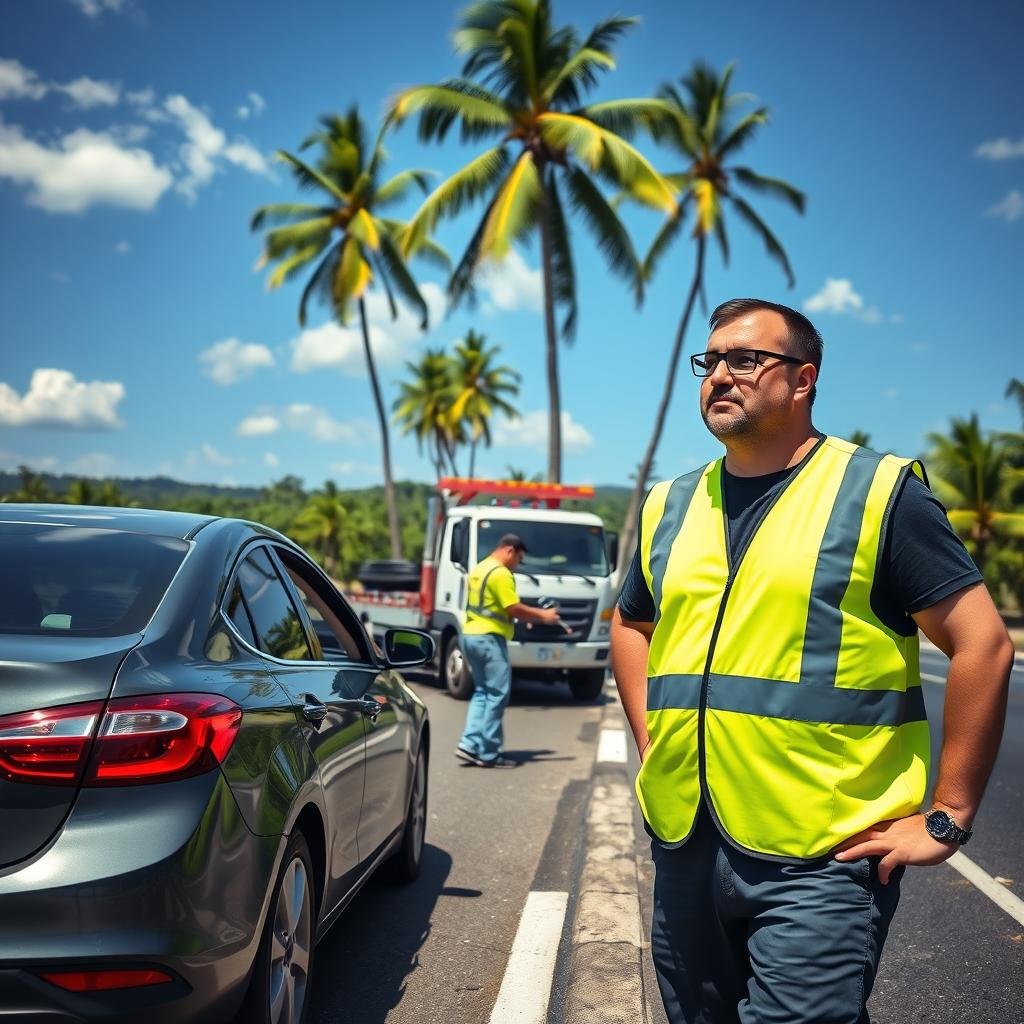A roadside assistance scene on a busy highway in Brazil. In the foreground, a professional-looking roadside assistance worker wearing a reflective vest is helping a driver next to a car with a flat tire, showing empathy and efficiency. In the middle ground, a tow truck is parked, with its flashing lights on, and a toolbox is open, illustrating the tools of the trade. The background depicts a lush landscape typical of Brazilian highways, with palm trees and blue skies under bright sunlight, creating a warm and inviting atmosphere. The composition is captured with a wide-angle lens to provide depth, focusing on the action while keeping the background slightly blurred, emphasizing the urgency of the roadside situation.