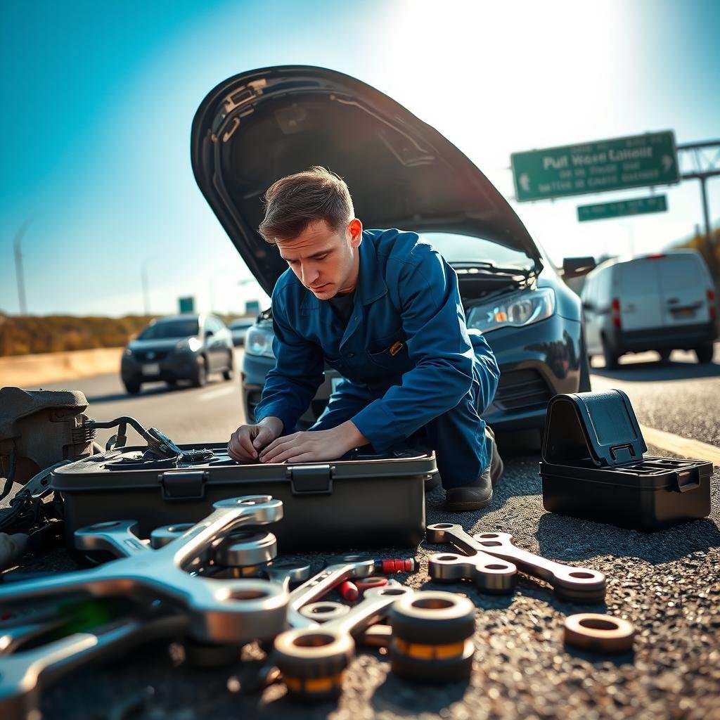 A roadside automotive repair scene, featuring a professional male mechanic in a blue uniform working diligently on a car with its hood open. In the foreground, various tools such as wrenches and a toolbox are scattered on the ground. In the middle ground, the mechanic is focused and sweating slightly, indicating the urgency of the situation. The background shows a busy highway with passing vehicles under a clear blue sky, enhancing the sense of urgency in automotive repairs while on the road. Soft, natural sunlight filters through, casting subtle shadows. The mood conveys a mixture of tension and professionalism, highlighting the critical nature of on-the-road vehicle repairs.