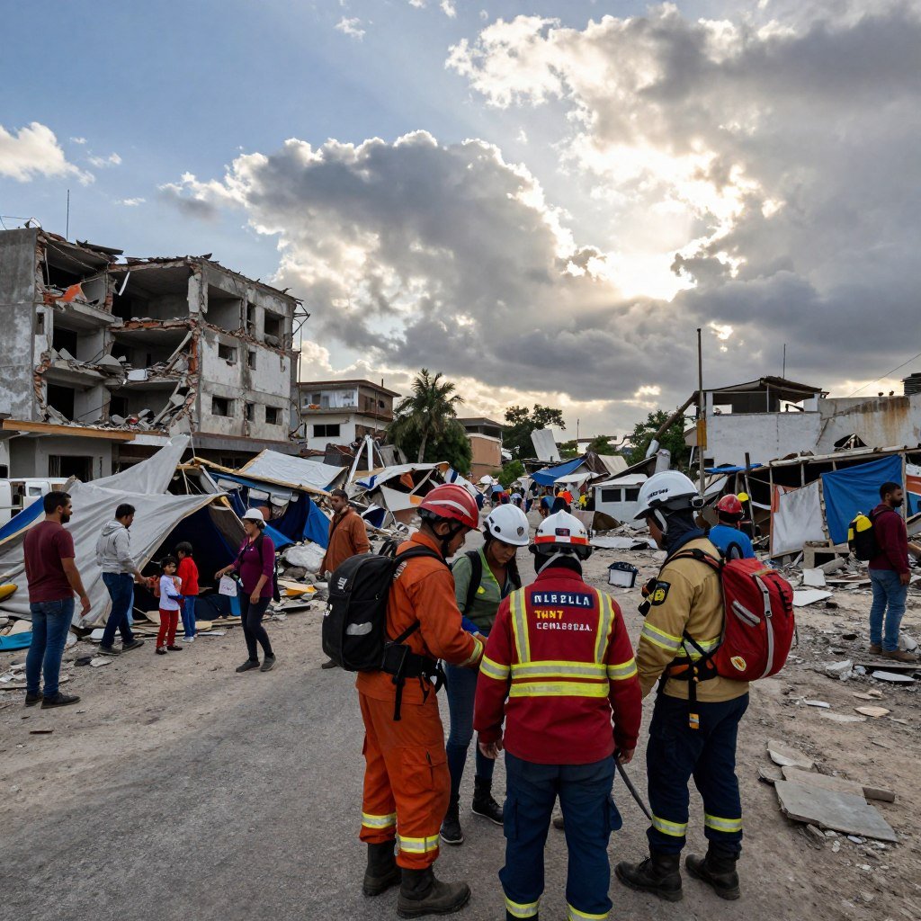 A scene capturing the aftermath of a recent earthquake in Venezuela, showcasing a bustling urban area recovering from the tremor. In the foreground, emergency responders in professional attire, equipped with search and rescue gear, assist local residents, displaying compassion and determination. The middle ground features collapsed buildings and debris, highlighting the destruction, alongside makeshift shelters with families seeking safety. The background shows a dramatic sky, with clouds partially illuminated by the sun, evoking a sense of hope amid chaos. The scene is bathed in soft, natural light, creating a poignant atmosphere underscoring resilience and international solidarity. Capture this perspective with a wide-angle lens to enhance depth, ensuring a vivid composition rich in emotional context. A scene capturing the aftermath of a recent earthquake in Venezuela, showcasing a bustling urban area recovering from the tremor. In the foreground, emergency responders in professional attire, equipped with search and rescue gear, assist local residents, displaying compassion and determination. The middle ground features collapsed buildings and debris, highlighting the destruction, alongside makeshift shelters with families seeking safety. The background shows a dramatic sky, with clouds partially illuminated by the sun, evoking a sense of hope amid chaos. The scene is bathed in soft, natural light, creating a poignant atmosphere underscoring resilience and international solidarity. Capture this perspective with a wide-angle lens to enhance depth, ensuring a vivid composition rich in emotional context.