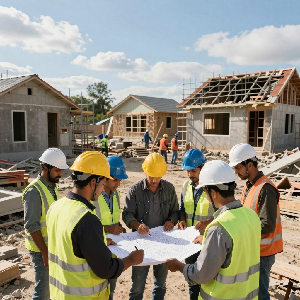 A scene depicting the reconstruction of homes following an earthquake, set in a vibrant, community-focused environment. In the foreground, a group of diverse professionals in hard hats and safety vests collaborate around blueprints and tools, actively discussing their plans. The middle ground features partially rebuilt houses, with scaffolding and construction materials visible, showcasing efforts to restore the area. In the background, a clear blue sky contrasts with scattered clouds, emphasizing a hopeful atmosphere, while workers continue to labor diligently. Soft, natural sunlight illuminates the scene from the left, casting gentle shadows. The composition should convey determination and community resilience in the face of disaster, highlighting both the human effort and construction activities. A scene depicting the reconstruction of homes following an earthquake, set in a vibrant, community-focused environment. In the foreground, a group of diverse professionals in hard hats and safety vests collaborate around blueprints and tools, actively discussing their plans. The middle ground features partially rebuilt houses, with scaffolding and construction materials visible, showcasing efforts to restore the area. In the background, a clear blue sky contrasts with scattered clouds, emphasizing a hopeful atmosphere, while workers continue to labor diligently. Soft, natural sunlight illuminates the scene from the left, casting gentle shadows. The composition should convey determination and community resilience in the face of disaster, highlighting both the human effort and construction activities.