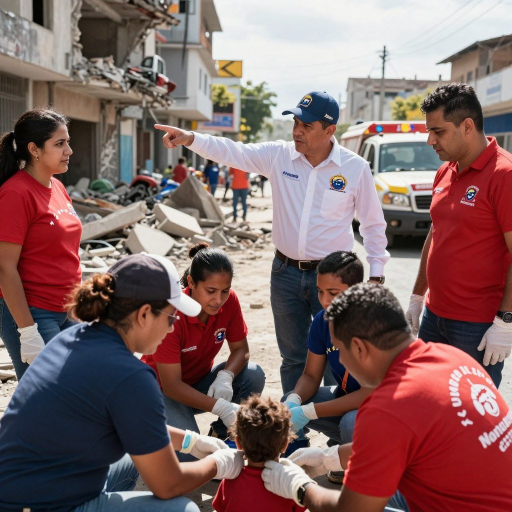 A scene depicting the response to an earthquake in Venezuela, highlighting volunteers and government officials engaged in rescue operations. In the foreground, a group of diverse, professionally dressed volunteers actively providing medical aid to a young child, with expressions of compassion and determination. In the middle ground, a government representative coordinating efforts, pointing towards a damaged building. The background features a cityscape affected by the earthquake, showcasing crumbled structures and emergency vehicles. Bright daylight filters through, casting positive, warm light on the scene to evoke a sense of hope and community resilience. The composition captures a dynamic yet respectful atmosphere, emphasizing aid and solidarity in the face of disaster. A scene depicting the response to an earthquake in Venezuela, highlighting volunteers and government officials engaged in rescue operations. In the foreground, a group of diverse, professionally dressed volunteers actively providing medical aid to a young child, with expressions of compassion and determination. In the middle ground, a government representative coordinating efforts, pointing towards a damaged building. The background features a cityscape affected by the earthquake, showcasing crumbled structures and emergency vehicles. Bright daylight filters through, casting positive, warm light on the scene to evoke a sense of hope and community resilience. The composition captures a dynamic yet respectful atmosphere, emphasizing aid and solidarity in the face of disaster.