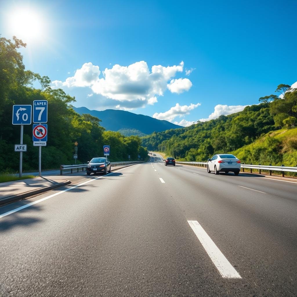 A scenic highway in Brazil during peak travel season, showcasing safe driving routes. In the foreground, a well-maintained road with clear white lane markings leads the viewer’s eye. On the side, road signs indicating safe routes and speed limits, with lush green trees and hills as a backdrop. The middle ground features a few cars, driven by professional individuals in modest, casual attire, adhering to traffic rules. In the background, a bright blue sky with fluffy clouds enhances the mood, while the sun casts a warm, inviting light, symbolizing safety and harmony on the road. The scene should evoke a sense of peace and security, perfect for drivers navigating busy highways.