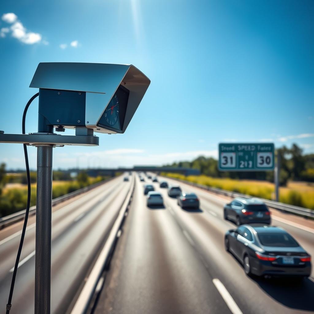 A scenic highway with a speed radar installation prominently featured in the foreground. The radar device is sleek and modern, mounted on a sturdy pole next to a clear traffic sign indicating speed limits. In the middle ground, the highway stretches out with a few vehicles adhering to the speed limits, showcasing diverse cars in motion. The background includes a clear blue sky with sunlight streaming through, casting soft shadows on the road. The atmosphere is professional and serious, capturing the essence of traffic regulation and the importance of speed control. The lighting emphasizes the day’s clarity, ensuring a clean and realistic representation of road safety enforcement.
