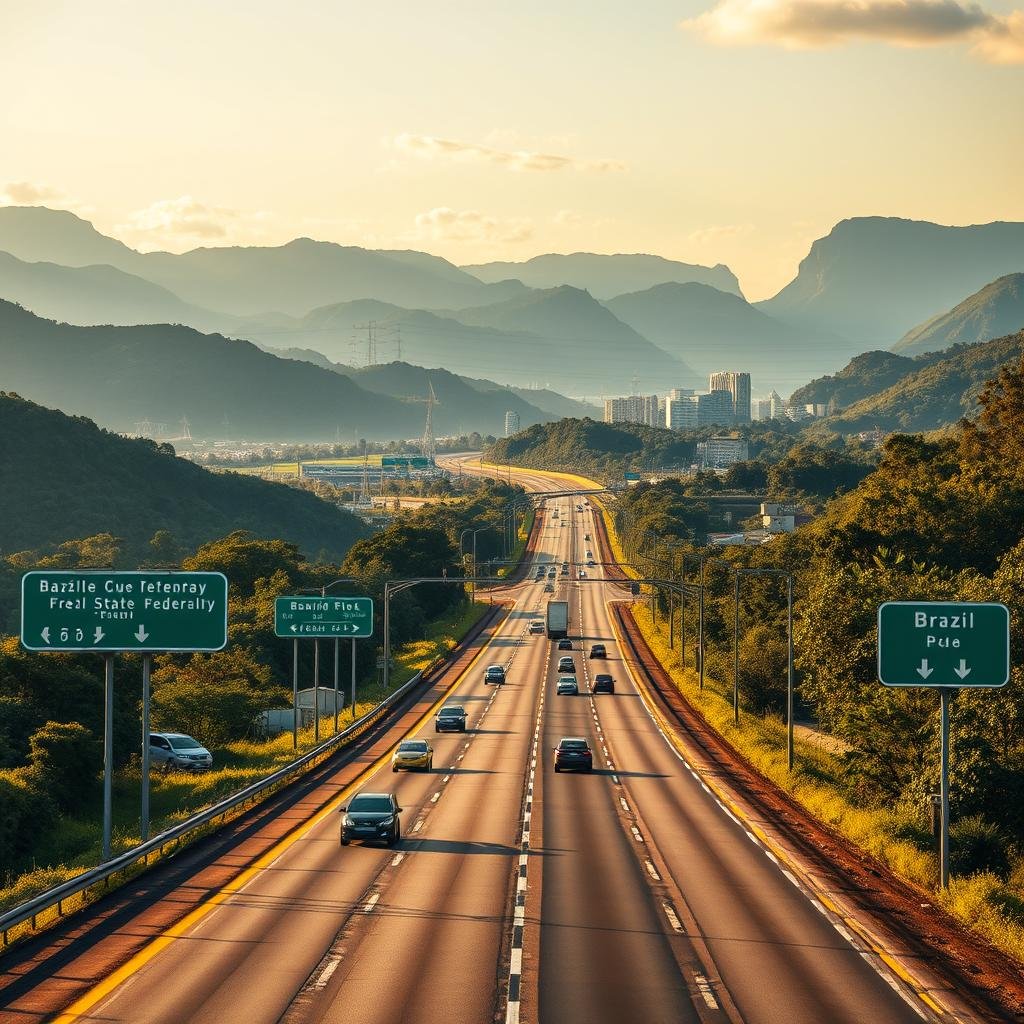 A scenic view of Brazil's major federal and state highways, featuring diverse landscapes such as rolling hills, lush forests, and vibrant cities. In the foreground, a well-maintained highway runs straight ahead with clear road signs depicting various destinations. In the middle ground, cars travel along the road, showcasing a blend of modern vehicles and local transportation. The background is dotted with iconic Brazilian landmarks and nature, such as mountains on one side and coastal views on the other. The scene is bathed in warm golden sunlight, enhancing the colors and creating a welcoming atmosphere. The image should capture a sense of adventure and exploration, emphasizing the beauty of Brazilian road travel. Use a wide-angle lens to highlight the vastness of the landscape, ensuring a dynamic composition without any text or logos. A scenic view of Brazil's major federal and state highways, featuring diverse landscapes such as rolling hills, lush forests, and vibrant cities. In the foreground, a well-maintained highway runs straight ahead with clear road signs depicting various destinations. In the middle ground, cars travel along the road, showcasing a blend of modern vehicles and local transportation. The background is dotted with iconic Brazilian landmarks and nature, such as mountains on one side and coastal views on the other. The scene is bathed in warm golden sunlight, enhancing the colors and creating a welcoming atmosphere. The image should capture a sense of adventure and exploration, emphasizing the beauty of Brazilian road travel. Use a wide-angle lens to highlight the vastness of the landscape, ensuring a dynamic composition without any text or logos.
