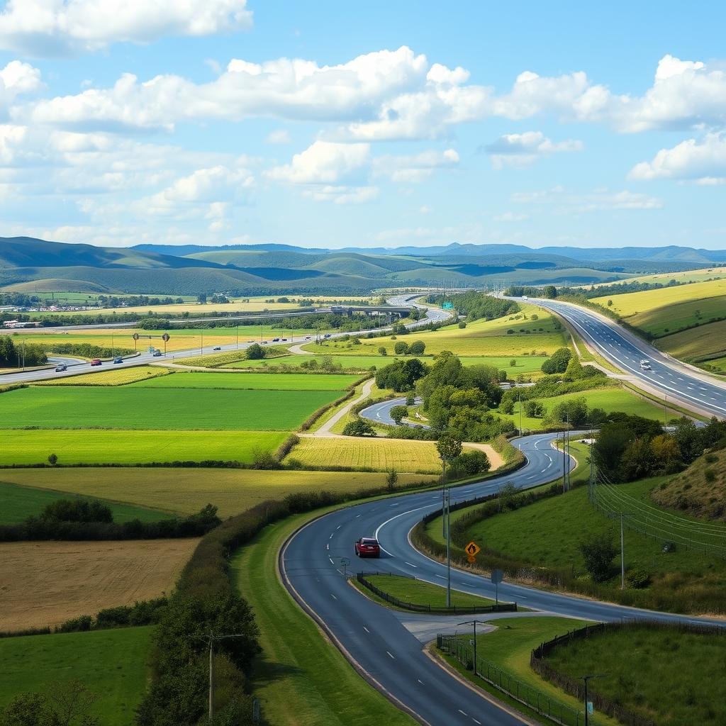 A scenic view of alternative routes alongside highways and winding roads, emphasizing a variety of landscapes. In the foreground, a mixture of lush green fields and small, winding country lanes with occasional vehicles, showcasing a peaceful journey. In the middle ground, a distant view of a well-maintained highway, with subtle traffic flow, alongside signs indicating alternative paths. The background should feature rolling hills and a blue sky dotted with white clouds, suggesting a bright, sunny day. Use soft, natural lighting to create an inviting atmosphere, and a slightly elevated angle to give a comprehensive perspective of the routes. Aim for a tranquil and hopeful mood, illustrating the benefits of taking alternative paths to avoid congestion. A scenic view of alternative routes alongside highways and winding roads, emphasizing a variety of landscapes. In the foreground, a mixture of lush green fields and small, winding country lanes with occasional vehicles, showcasing a peaceful journey. In the middle ground, a distant view of a well-maintained highway, with subtle traffic flow, alongside signs indicating alternative paths. The background should feature rolling hills and a blue sky dotted with white clouds, suggesting a bright, sunny day. Use soft, natural lighting to create an inviting atmosphere, and a slightly elevated angle to give a comprehensive perspective of the routes. Aim for a tranquil and hopeful mood, illustrating the benefits of taking alternative paths to avoid congestion.