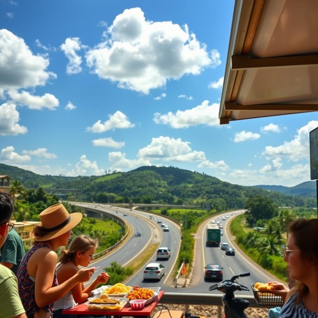 A scenic view of federal highways in Brazil, winding through lush green landscapes and featuring vibrant roadside food stalls selling regional delicacies. In the foreground, a family dressed in casual attire enjoys traditional Brazilian street food like acarajé and pão de queijo. The middle ground captures a well-maintained highway with vehicles traveling under a bright blue sky dotted with fluffy clouds. In the background, rolling hills and tropical foliage provide a lush backdrop, hinting at the vast diversity of the Brazilian landscape. The scene is illuminated by warm, natural sunlight, creating a welcoming atmosphere. The angle is slightly elevated to showcase both the beauty of the highway and the delightful food culture thriving along it. A scenic view of federal highways in Brazil, winding through lush green landscapes and featuring vibrant roadside food stalls selling regional delicacies. In the foreground, a family dressed in casual attire enjoys traditional Brazilian street food like acarajé and pão de queijo. The middle ground captures a well-maintained highway with vehicles traveling under a bright blue sky dotted with fluffy clouds. In the background, rolling hills and tropical foliage provide a lush backdrop, hinting at the vast diversity of the Brazilian landscape. The scene is illuminated by warm, natural sunlight, creating a welcoming atmosphere. The angle is slightly elevated to showcase both the beauty of the highway and the delightful food culture thriving along it.