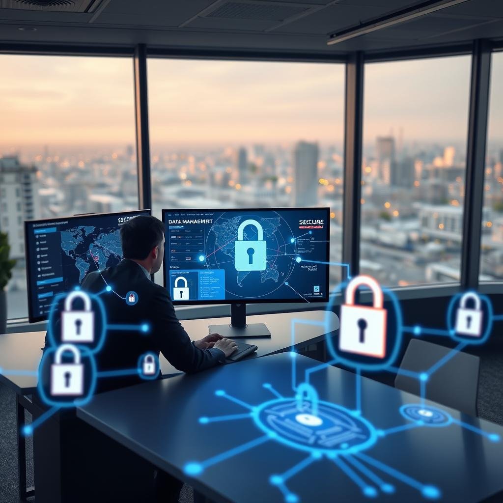 A secure data management scene depicting a modern office environment focused on fleet management. In the foreground, show a professional in business attire sitting at a sleek desk with multiple screens displaying real-time data analytics and GPS tracking maps, illustrating data security protocols. The middle ground features digital representations of secure data connections, such as glowing lock icons and flowing data streams symbolizing protection. In the background, large windows reveal an urban landscape, suggesting a bustling city. Use soft, ambient lighting for a calm yet focused atmosphere, emphasizing the importance of data security in fleet management. The angle is slightly from above, providing a comprehensive view of the workspace while maintaining a professional tone. A secure data management scene depicting a modern office environment focused on fleet management. In the foreground, show a professional in business attire sitting at a sleek desk with multiple screens displaying real-time data analytics and GPS tracking maps, illustrating data security protocols. The middle ground features digital representations of secure data connections, such as glowing lock icons and flowing data streams symbolizing protection. In the background, large windows reveal an urban landscape, suggesting a bustling city. Use soft, ambient lighting for a calm yet focused atmosphere, emphasizing the importance of data security in fleet management. The angle is slightly from above, providing a comprehensive view of the workspace while maintaining a professional tone.