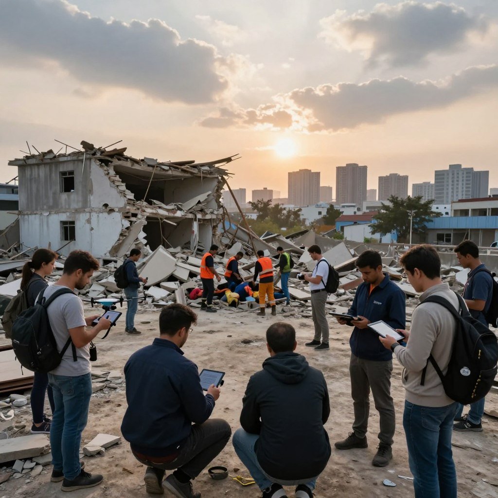 A serene and impactful scene illustrating humanitarian rescue efforts post-earthquake. In the foreground, a group of diverse volunteers, dressed in professional attire and modest casual clothing, are using advanced technology like drones and tablets to assess the damage. In the middle, a partially collapsed building is visible, with rescue teams collaborating to save trapped individuals. The background features a city skyline with a soft, warm light of dawn breaking through the clouds, symbolizing hope and recovery. The atmosphere is focused and determined, showcasing the blend of human compassion and technological innovation. Use a wide-angle lens to capture the scene, balancing the intensity of the rescue efforts with the uplifting dawn light. A serene and impactful scene illustrating humanitarian rescue efforts post-earthquake. In the foreground, a group of diverse volunteers, dressed in professional attire and modest casual clothing, are using advanced technology like drones and tablets to assess the damage. In the middle, a partially collapsed building is visible, with rescue teams collaborating to save trapped individuals. The background features a city skyline with a soft, warm light of dawn breaking through the clouds, symbolizing hope and recovery. The atmosphere is focused and determined, showcasing the blend of human compassion and technological innovation. Use a wide-angle lens to capture the scene, balancing the intensity of the rescue efforts with the uplifting dawn light.