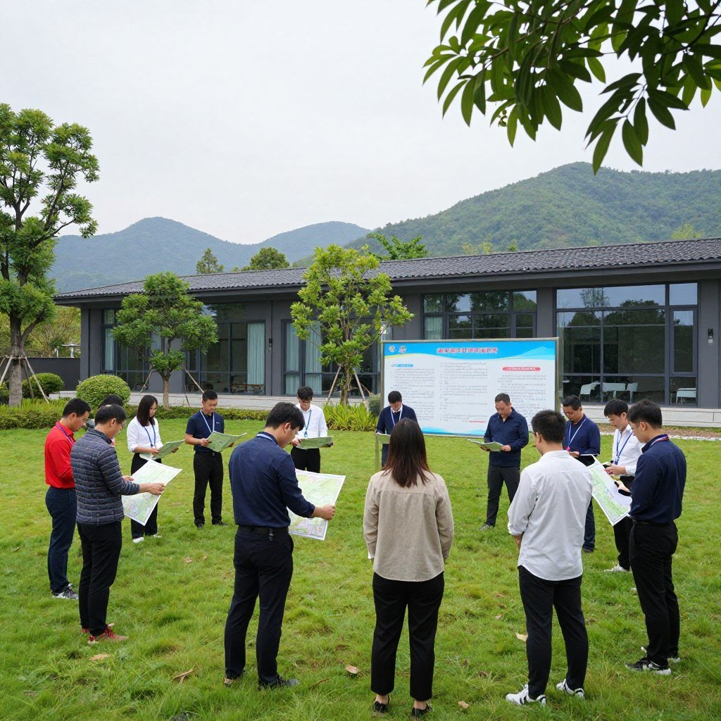 A serene landscape showcasing a modern disaster preparedness training center surrounded by lush greenery. In the foreground, a diverse group of professionals, dressed in smart casual attire, engage in an emergency preparedness drill, examining maps and discussing strategies. The middle ground features a clear, informative display board illustrating earthquake safety tips. In the background, a calm sky with soft natural lighting highlights the facility, while distant mountains symbolize resilience against natural disasters. The atmosphere is focused yet optimistic, suggesting a community united in proactive disaster prevention. The image should have a slightly elevated angle to enhance depth, creating a sense of involvement in the scene.