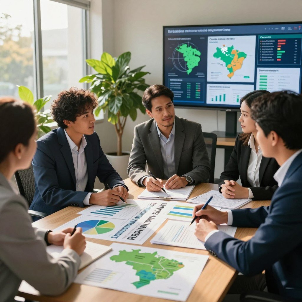 A serene office environment focused on environmental risk management, showing a table with strategic plans, charts, and maps of Brazil. In the foreground, a group of diverse professionals in business attire discusses strategies, highlighting teamwork and collaboration. In the middle, large windows filter warm, natural light, illuminating green plants that symbolize environmental awareness. The background features a large screen displaying data analytics on climate risks and emergency management strategies. The mood is focused, professional, and optimistic, emphasizing the importance of government and institutional roles in mitigating environmental risks. The image is taken from a slight angle to create depth, capturing the essence of proactive planning against natural emergencies.