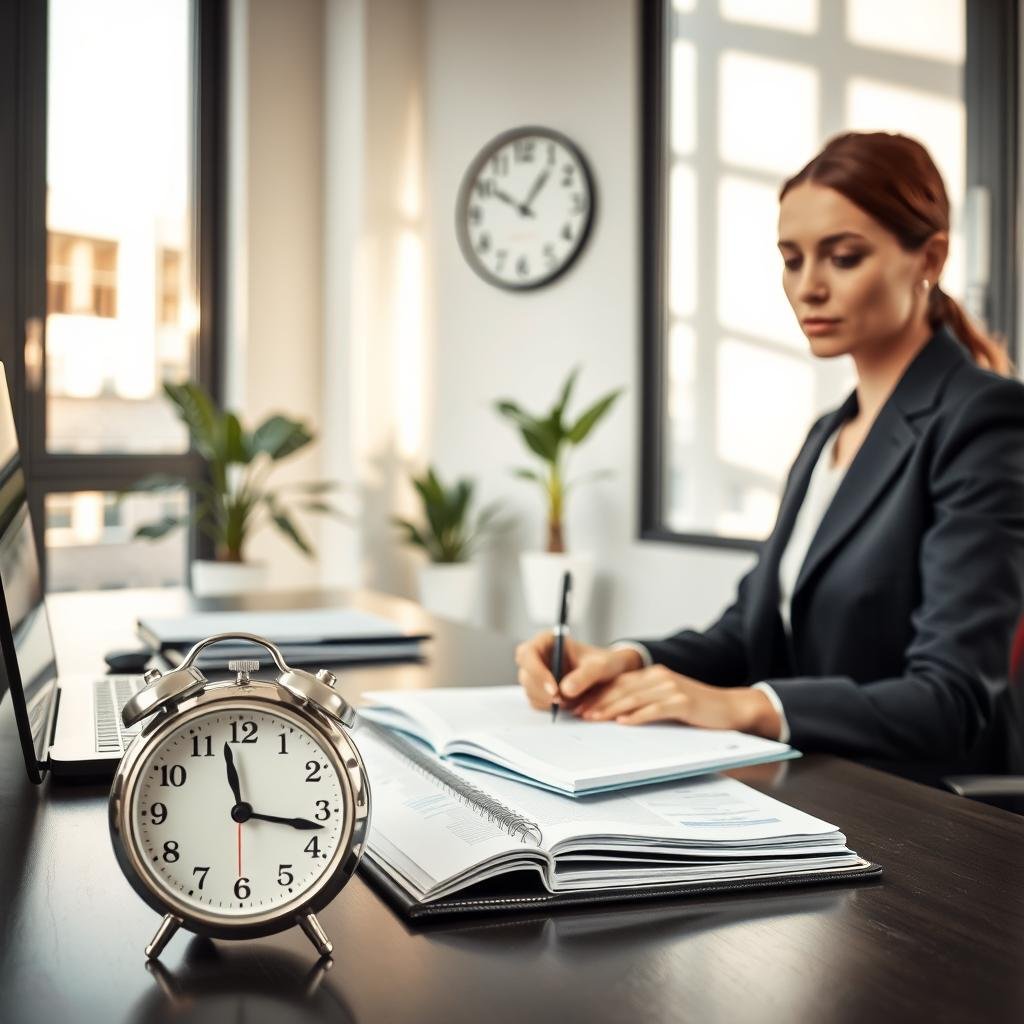 A serene office setting with a professional woman in a smart business attire seated at a desk, writing in a planner with a focused expression. In the foreground, a neatly organized workspace with a clock showing a significant time while a “No” symbol is subtly integrated into the planner. The middle ground features a calming indoor plant and a wall clock emphasizing the importance of time management. The background showcases large windows allowing soft, natural light to filter in, casting gentle shadows. The mood is one of tranquility and concentration, highlighting the art of saying no to unnecessary commitments to protect valuable time. The composition should create a sense of clarity and empowerment in managing one's schedule. A serene office setting with a professional woman in a smart business attire seated at a desk, writing in a planner with a focused expression. In the foreground, a neatly organized workspace with a clock showing a significant time while a “No” symbol is subtly integrated into the planner. The middle ground features a calming indoor plant and a wall clock emphasizing the importance of time management. The background showcases large windows allowing soft, natural light to filter in, casting gentle shadows. The mood is one of tranquility and concentration, highlighting the art of saying no to unnecessary commitments to protect valuable time. The composition should create a sense of clarity and empowerment in managing one's schedule.
