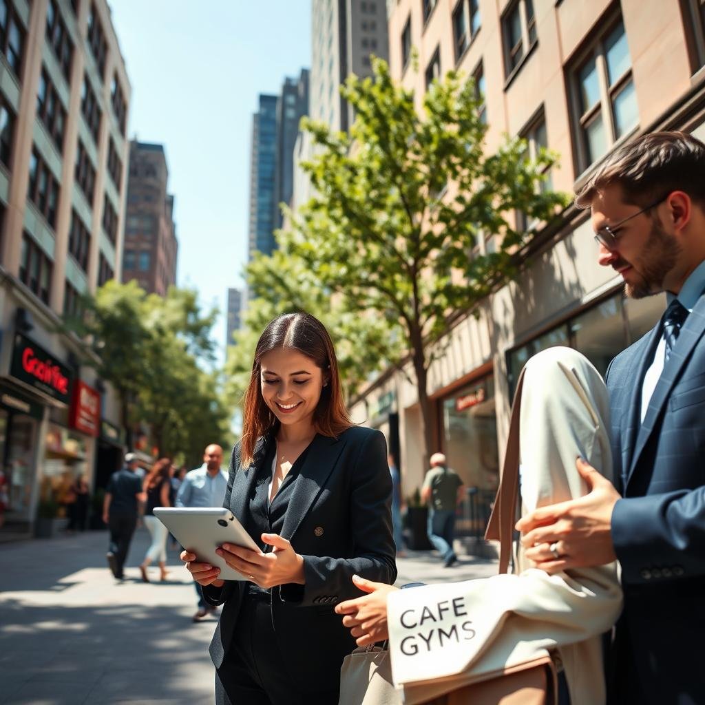 A serene urban street scene depicting a diverse group of professionals engaging with digital devices, researching local businesses. In the foreground, a confident woman in business attire examines a tablet, with a friendly smile as she discusses options with a colleague beside her. In the middle ground, various storefronts representing local services, such as cafes, gyms, and boutiques, add vibrancy. The background features tall buildings under a clear blue sky, with lush greenery lining the street. Warm, natural sunlight enhances the atmosphere, creating an inviting mood. The angle is slightly elevated, offering a broad view of the bustling scene, highlighting the importance of digital research in finding nearby services.