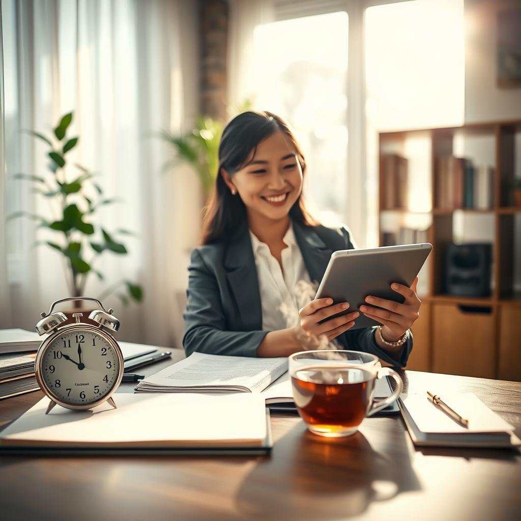 A serene workspace scene reflecting "time management," focusing on a professional individual in modest business attire. In the foreground, a neatly organized desk with a planner, a clock showing time optimization, and a steaming cup of herbal tea to symbolize relaxation. In the middle, the person, a mid-30s Asian woman, is smiling while engaging with a digital tablet, portraying calm and focus. In the background, soft sunlight filters through a large window, illuminating a peaceful indoor plant and a bookshelf, fostering a sense of tranquility and clarity. The atmosphere is uplifting and productive, conveying a positive impact on mental health. Soft, warm lighting enhances a feeling of contentment and balance, framed with a slightly blurred vignette effect for emphasis. A serene workspace scene reflecting "time management," focusing on a professional individual in modest business attire. In the foreground, a neatly organized desk with a planner, a clock showing time optimization, and a steaming cup of herbal tea to symbolize relaxation. In the middle, the person, a mid-30s Asian woman, is smiling while engaging with a digital tablet, portraying calm and focus. In the background, soft sunlight filters through a large window, illuminating a peaceful indoor plant and a bookshelf, fostering a sense of tranquility and clarity. The atmosphere is uplifting and productive, conveying a positive impact on mental health. Soft, warm lighting enhances a feeling of contentment and balance, framed with a slightly blurred vignette effect for emphasis.