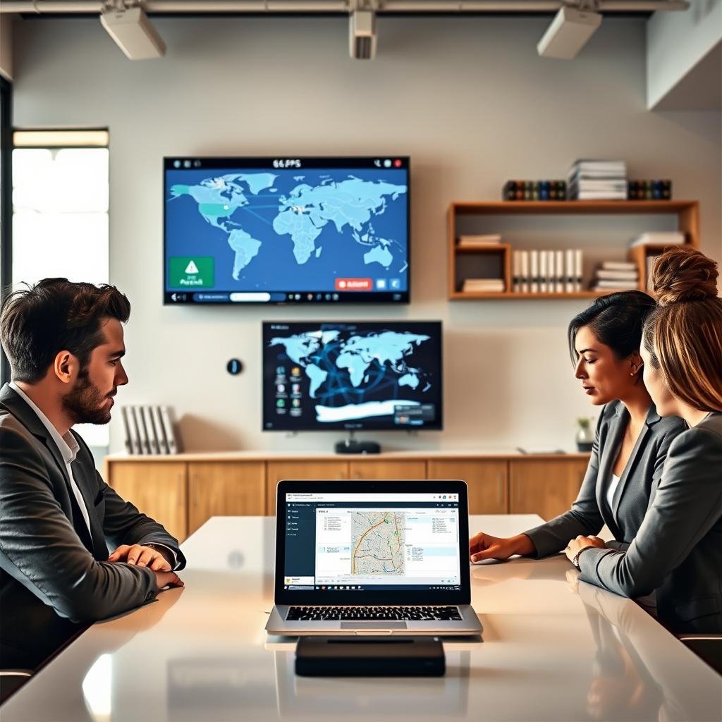 A step-by-step visual guide illustrating GPS integration in a modern office setting. In the foreground, a diverse group of three professionals, a man and two women, wearing business attire, are gathered around a sleek conference table, discussing a laptop displaying a GPS software interface. In the middle ground, a large wall-mounted screen shows various GPS data points and maps linked to vehicle management. The background features shelves with technical books and a world map, emphasizing global connectivity. Soft, natural lighting filters through large windows, creating a focused and collaborative atmosphere. Capture the image from a slight angle to highlight both the personal interaction and the technology being utilized, ensuring a professional and efficient mood. A step-by-step visual guide illustrating GPS integration in a modern office setting. In the foreground, a diverse group of three professionals, a man and two women, wearing business attire, are gathered around a sleek conference table, discussing a laptop displaying a GPS software interface. In the middle ground, a large wall-mounted screen shows various GPS data points and maps linked to vehicle management. The background features shelves with technical books and a world map, emphasizing global connectivity. Soft, natural lighting filters through large windows, creating a focused and collaborative atmosphere. Capture the image from a slight angle to highlight both the personal interaction and the technology being utilized, ensuring a professional and efficient mood.