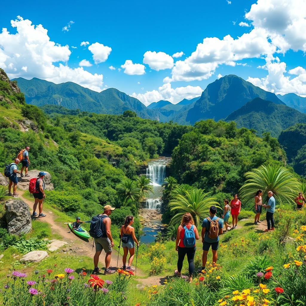 A vibrant and dynamic outdoor scene illustrating key points of interest for adventure trails and sports in Brazil. In the foreground, show a breathtaking view of rugged mountain trails, with lush green vegetation and colorful wildflowers. Include a group of diverse individuals dressed in modest, active wear, engaging in hiking and climbing activities. In the middle ground, showcase a stunning waterfall surrounded by tropical trees, where some people are kayaking, while others are observing the scenery. The background should feature majestic mountains under a bright blue sky with fluffy white clouds. Use natural lighting to create a vibrant and energetic atmosphere, capturing the excitement of outdoor adventure sports in a beautiful Brazilian landscape. A vibrant and dynamic outdoor scene illustrating key points of interest for adventure trails and sports in Brazil. In the foreground, show a breathtaking view of rugged mountain trails, with lush green vegetation and colorful wildflowers. Include a group of diverse individuals dressed in modest, active wear, engaging in hiking and climbing activities. In the middle ground, showcase a stunning waterfall surrounded by tropical trees, where some people are kayaking, while others are observing the scenery. The background should feature majestic mountains under a bright blue sky with fluffy white clouds. Use natural lighting to create a vibrant and energetic atmosphere, capturing the excitement of outdoor adventure sports in a beautiful Brazilian landscape.