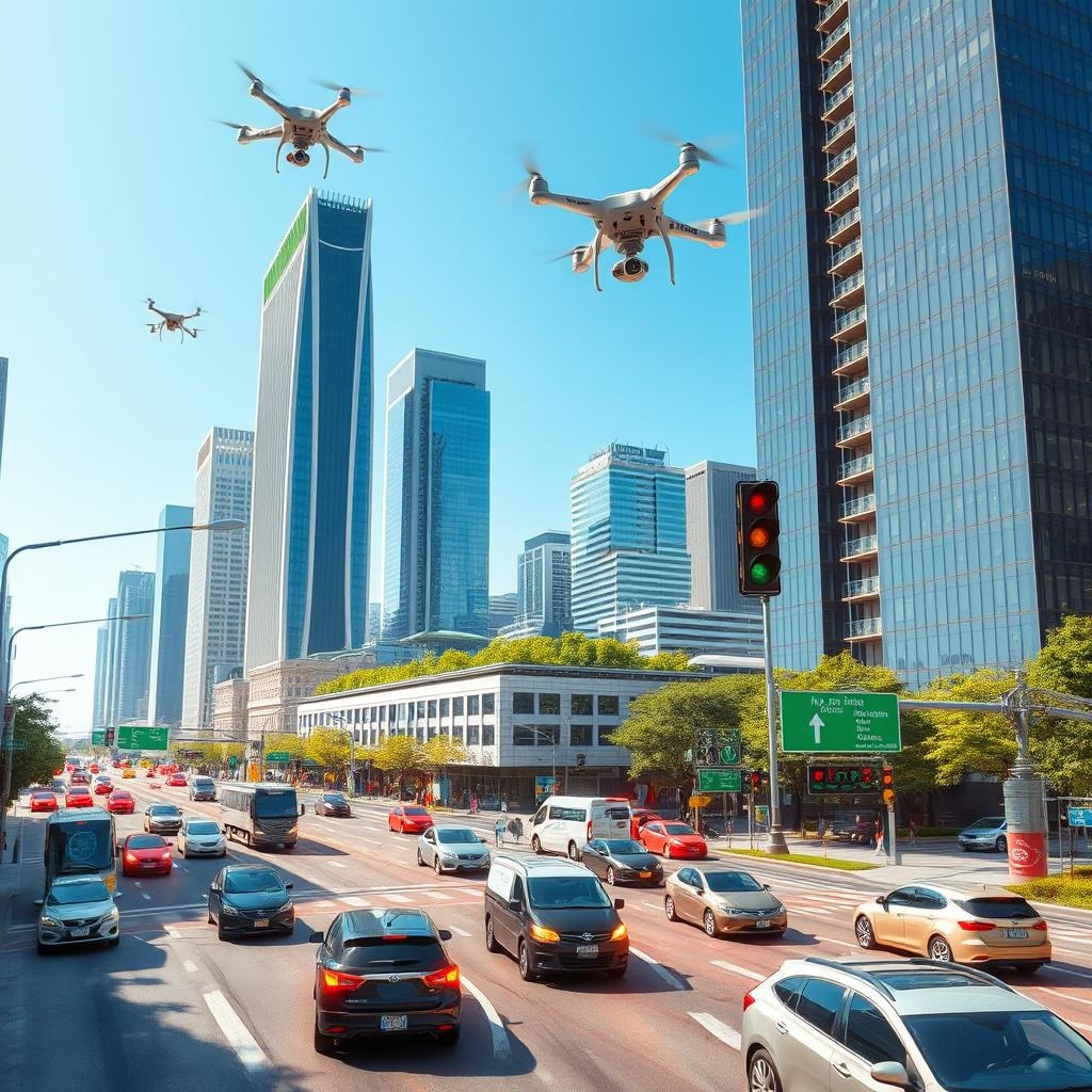 A vibrant and dynamic urban landscape depicting smart cities and advanced traffic management. In the foreground, a busy intersection features modern vehicles equipped with technology, monitored by intelligent traffic lights and digital displays showing real-time traffic alerts. The middle ground includes sleek skyscrapers with green roofs, integrating nature into the urban environment, while drones buzz overhead, surveying traffic flow. The background reveals a clear blue sky, enhancing the sense of an efficient, high-tech city. Soft, ambient lighting casts a warm glow, creating an optimistic atmosphere. This image should convey the future of urban living where technology and sustainability intersect seamlessly, without any text or watermarks to focus solely on the visual impact. A vibrant and dynamic urban landscape depicting smart cities and advanced traffic management. In the foreground, a busy intersection features modern vehicles equipped with technology, monitored by intelligent traffic lights and digital displays showing real-time traffic alerts. The middle ground includes sleek skyscrapers with green roofs, integrating nature into the urban environment, while drones buzz overhead, surveying traffic flow. The background reveals a clear blue sky, enhancing the sense of an efficient, high-tech city. Soft, ambient lighting casts a warm glow, creating an optimistic atmosphere. This image should convey the future of urban living where technology and sustainability intersect seamlessly, without any text or watermarks to focus solely on the visual impact.