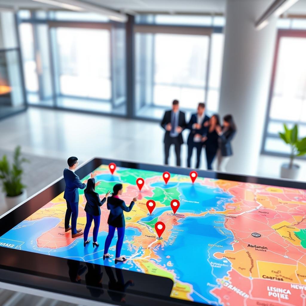 A vibrant and engaging digital landscape featuring interactive maps as the focal point. In the foreground, a sleek touchscreen display showcases colorful, dynamic maps with pins and overlays representing geolocation data. The middle ground includes stylized icons of diverse business professionals in business attire, collaborating and pointing towards the maps, illustrating engagement and teamwork. In the background, a modern office environment with large windows that let in soft natural light, enhancing the atmosphere. The overall mood is energetic and innovative, emphasizing the importance of interactive maps in digital strategies. The scene is captured from a slightly elevated angle, providing a comprehensive view of the interactive map display and the engaged team. A vibrant and engaging digital landscape featuring interactive maps as the focal point. In the foreground, a sleek touchscreen display showcases colorful, dynamic maps with pins and overlays representing geolocation data. The middle ground includes stylized icons of diverse business professionals in business attire, collaborating and pointing towards the maps, illustrating engagement and teamwork. In the background, a modern office environment with large windows that let in soft natural light, enhancing the atmosphere. The overall mood is energetic and innovative, emphasizing the importance of interactive maps in digital strategies. The scene is captured from a slightly elevated angle, providing a comprehensive view of the interactive map display and the engaged team.