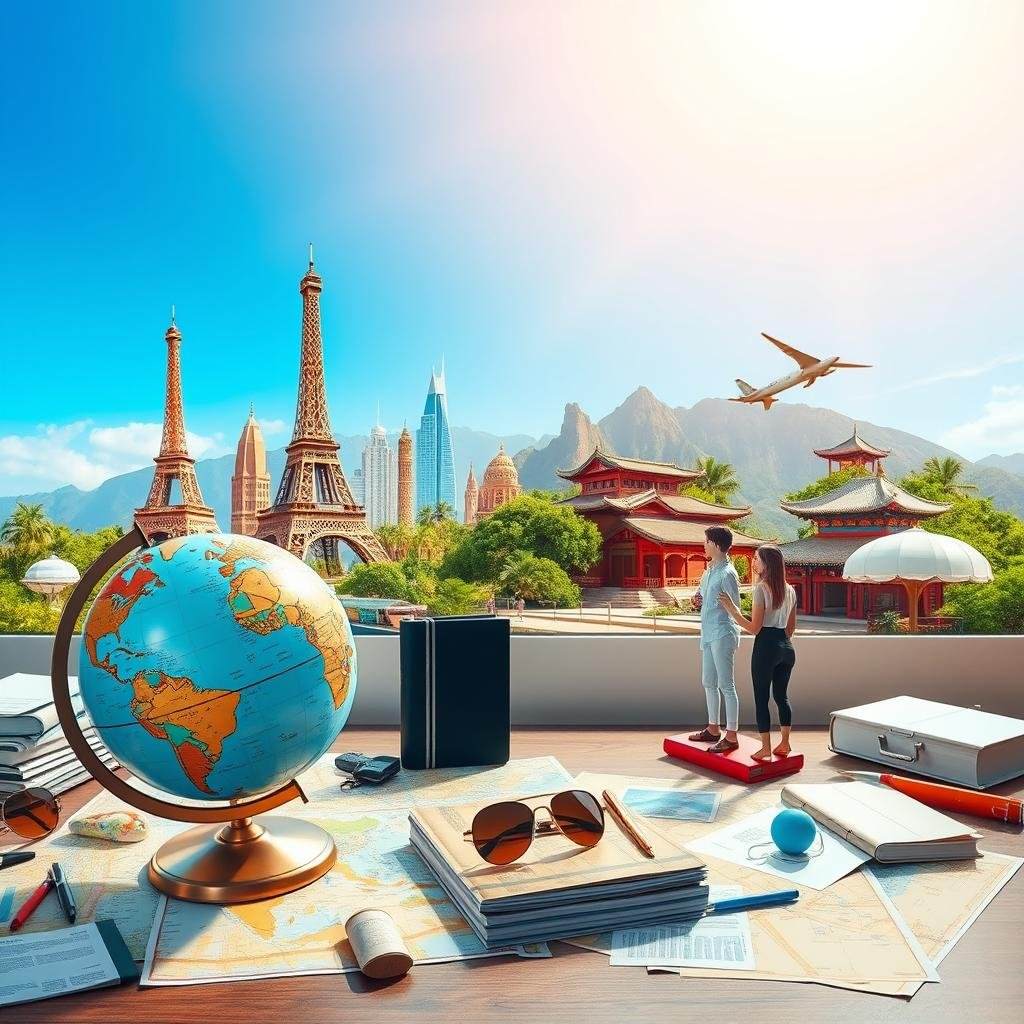 A vibrant and inviting travel scene illustrating diverse tourist destinations from around the world. In the foreground, a well-organized traveler’s desk with a globe, maps, and travel guides sprawled out, symbolizing research and destination selection. In the middle ground, an array of iconic landmarks including the Eiffel Tower, Great Wall of China, and an exotic beach, all seamlessly blending into one panoramic view. The background features a clear blue sky, with soft, warm sunlight casting gentle shadows, enhancing a sense of wanderlust and exploration. The atmosphere should feel inspiring and uplifting, encouraging the viewer to dream of their next adventure. The image should maintain a clean, professional aesthetic without any text, human figures should be dressed in casual, travel-appropriate attire.