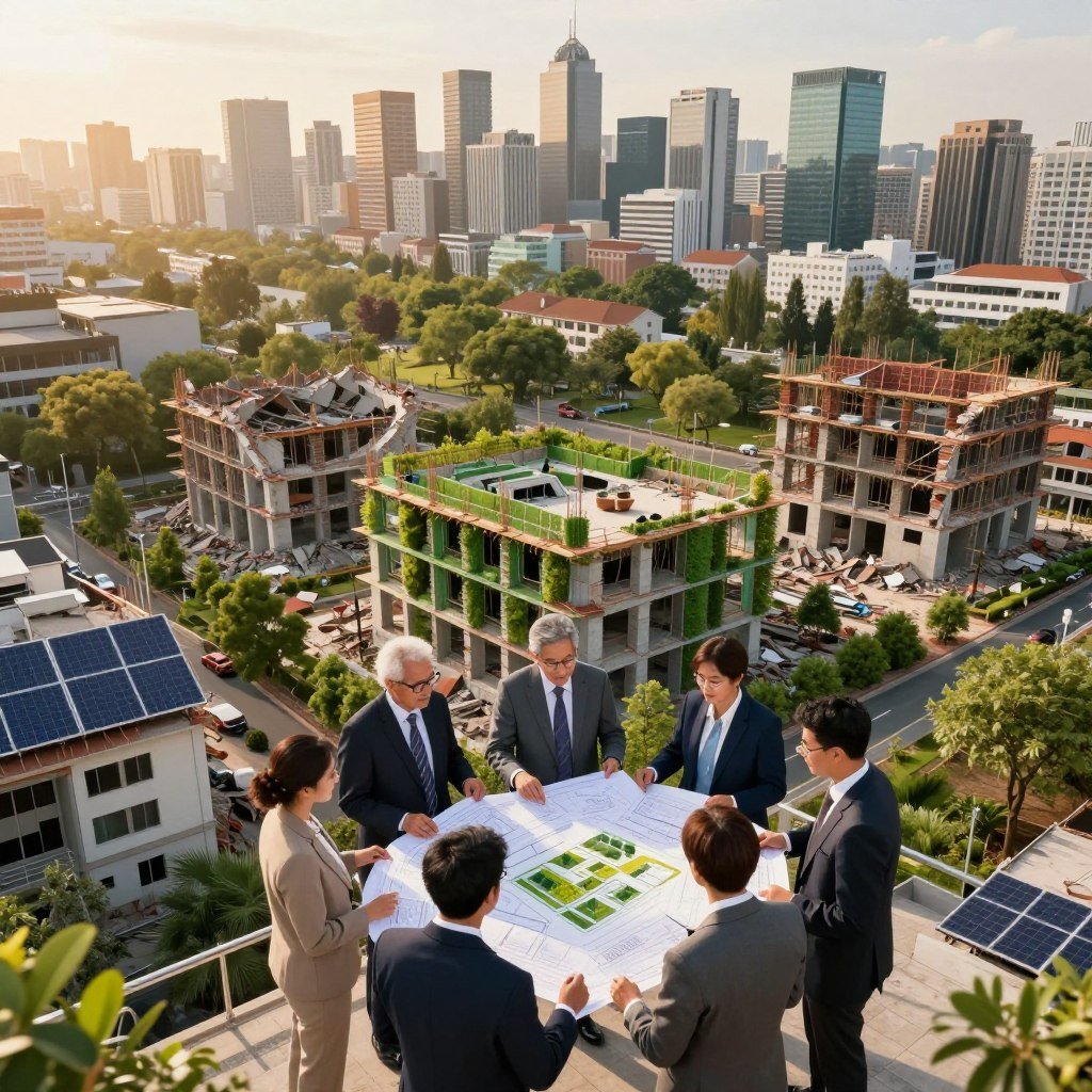 A vibrant cityscape depicting the theme of sustainability and reconstruction after an earthquake. In the foreground, show diverse individuals in professional attire collaborating on architectural plans, showcasing innovative eco-friendly designs. The middle ground features partially demolished buildings being rebuilt with green materials, surrounded by lush urban gardens and solar panels. In the background, the skyline is a mix of traditional and modern architecture, harmoniously integrated with nature, such as trees and parks. Golden hour lighting bathes the scene, casting warm hues that evoke hope and resilience. The atmosphere is one of determination and unity, reflecting the global effort to restore and improve after disaster. A vibrant cityscape depicting the theme of sustainability and reconstruction after an earthquake. In the foreground, show diverse individuals in professional attire collaborating on architectural plans, showcasing innovative eco-friendly designs. The middle ground features partially demolished buildings being rebuilt with green materials, surrounded by lush urban gardens and solar panels. In the background, the skyline is a mix of traditional and modern architecture, harmoniously integrated with nature, such as trees and parks. Golden hour lighting bathes the scene, casting warm hues that evoke hope and resilience. The atmosphere is one of determination and unity, reflecting the global effort to restore and improve after disaster.