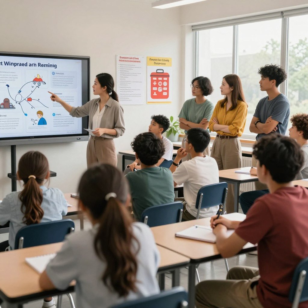 A vibrant classroom scene featuring diverse students engaging in a natural disaster prevention workshop. In the foreground, a female teacher, dressed in smart casual attire, points to a detailed disaster response plan on a digital screen. In the middle ground, students of various ethnicities are actively participating, some taking notes, while others ask questions. The background shows educational posters about disaster preparedness and emergency kits. Bright, natural lighting filters through large windows, creating an inviting atmosphere. The angle is a low wide shot to capture the interaction between the teacher and students, evoking a sense of collaboration and enthusiasm in learning important safety strategies. A vibrant classroom scene featuring diverse students engaging in a natural disaster prevention workshop. In the foreground, a female teacher, dressed in smart casual attire, points to a detailed disaster response plan on a digital screen. In the middle ground, students of various ethnicities are actively participating, some taking notes, while others ask questions. The background shows educational posters about disaster preparedness and emergency kits. Bright, natural lighting filters through large windows, creating an inviting atmosphere. The angle is a low wide shot to capture the interaction between the teacher and students, evoking a sense of collaboration and enthusiasm in learning important safety strategies.