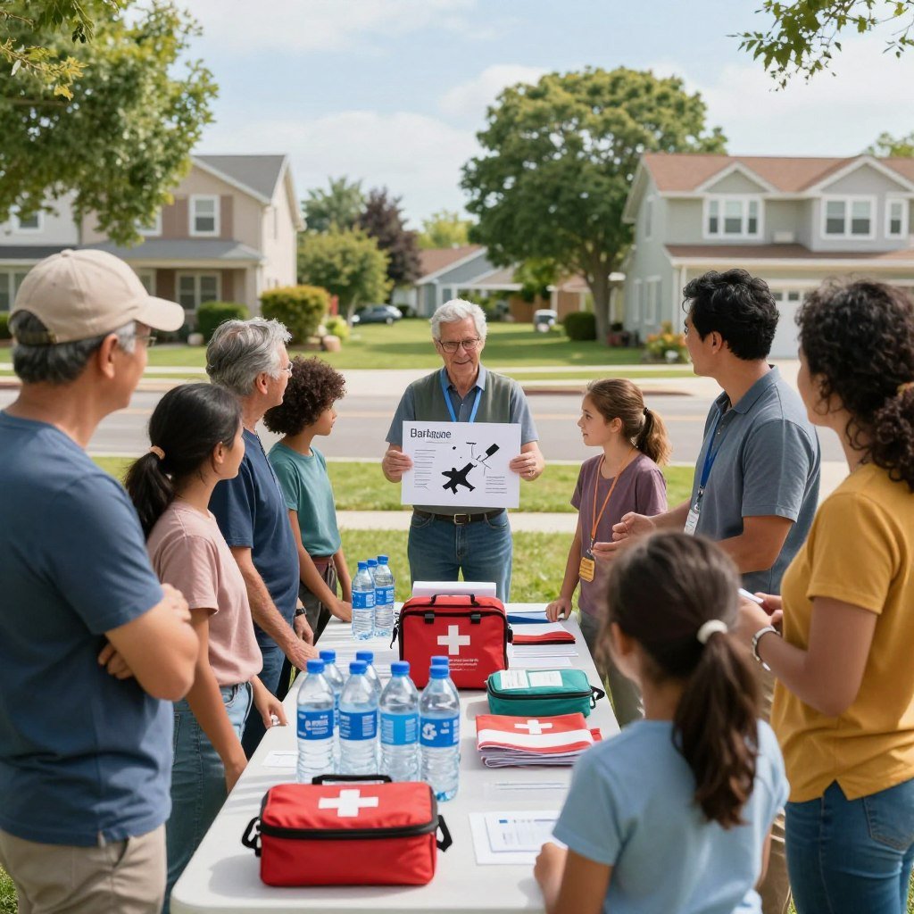 A vibrant, community-focused scene illustrating earthquake preparedness. In the foreground, a diverse group of adults and children gather around a table filled with emergency supplies, such as water bottles and first aid kits. They are dressed in casual, practical clothing, actively engaging in a discussion. In the middle ground, a community leader demonstrates how to create a safe space during an earthquake, guiding the participants on protective stances with visual aids. The background features a suburban environment with houses and trees, under a clear blue sky, creating a sense of normalcy. Soft, natural lighting enhances the hopeful atmosphere, with a focus on collaboration and awareness. The image conveys a blend of education, community spirit, and resilience.