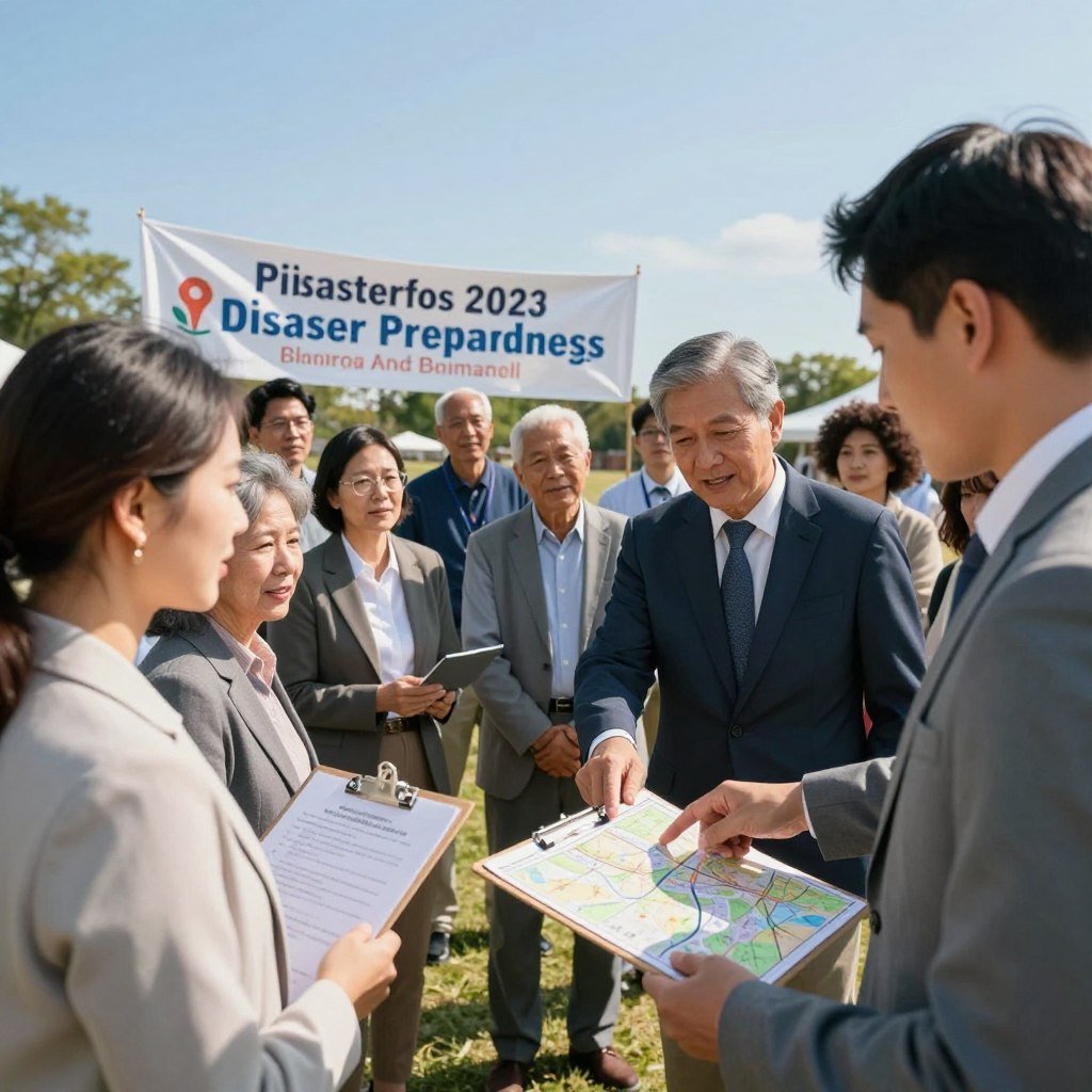 A vibrant community gathering scene focused on disaster preparedness, showing diverse individuals in professional business attire actively engaging in planning and response activities. In the foreground, a group of individuals, including a woman with a clipboard and a man pointing at a map, collaborate with a sense of urgency and determination. The middle ground features a diverse group of community members, including families and elderly people, listening attentively and providing input. In the background, a banner promoting safety measures flutters in a gentle breeze, with a clear blue sky and sunlit atmosphere enhancing the sense of hope and solidarity. The lighting is bright and inviting, emphasizing a positive community spirit. The angle is slightly elevated to capture the dynamic interactions among the people, creating a feeling of teamwork and empowerment in disaster mitigation efforts.