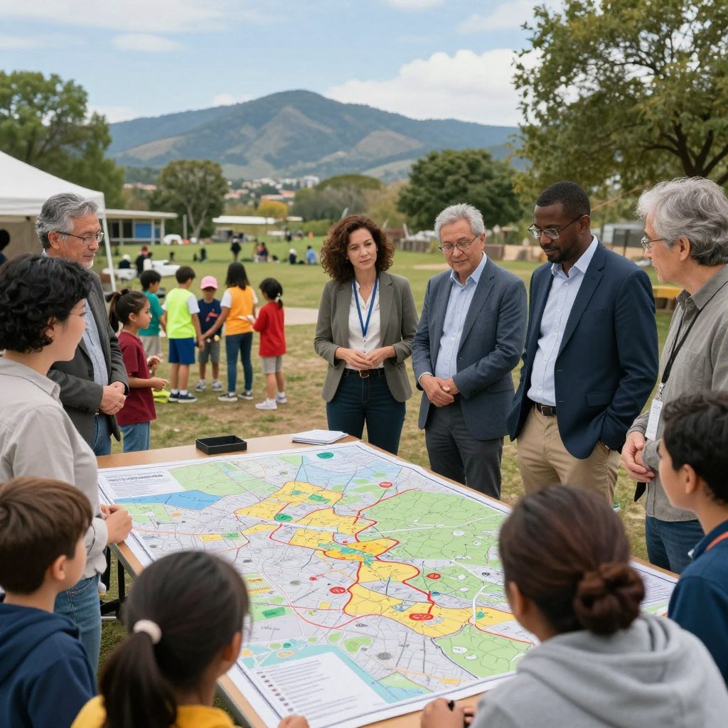 A vibrant community meeting outdoors, focused on natural disaster prevention strategies. In the foreground, a diverse group of adults, including men and women of various ethnicities, are animatedly discussing plans, dressed in smart casual attire. In the middle ground, a large map of the local area is spread out on a table, marked with potential risk zones; nearby, children are engaging in a safety drill, illustrating teamwork. The background shows a picturesque landscape with mountains and trees, under a clear blue sky, symbolizing the beauty of nature and its inherent risks. Soft, natural lighting creates an optimistic yet serious atmosphere, reflecting the importance of preparedness and cooperation in protecting families from natural disasters. A vibrant community meeting outdoors, focused on natural disaster prevention strategies. In the foreground, a diverse group of adults, including men and women of various ethnicities, are animatedly discussing plans, dressed in smart casual attire. In the middle ground, a large map of the local area is spread out on a table, marked with potential risk zones; nearby, children are engaging in a safety drill, illustrating teamwork. The background shows a picturesque landscape with mountains and trees, under a clear blue sky, symbolizing the beauty of nature and its inherent risks. Soft, natural lighting creates an optimistic yet serious atmosphere, reflecting the importance of preparedness and cooperation in protecting families from natural disasters.