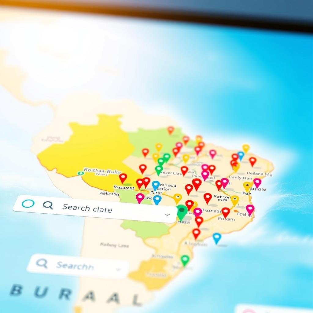 A vibrant digital map of Brazil, showcasing an interactive interface where users can search for locations. The foreground features a search bar with a magnifying glass icon, surrounded by small icons representing various categories like restaurants, parks, and landmarks. In the middle, the map is filled with colorful pins indicating popular destinations, with a clear, user-friendly design. The background displays a stylized map of Brazil, highlighted with geographic features like mountains and rivers, under a bright, inviting sky that suggests a sunny day. The lighting is bright and cheerful, enhancing the welcoming mood of exploration and discovery. The angle is slightly elevated, providing a comprehensive view of the interactive elements while maintaining focus on the map. A vibrant digital map of Brazil, showcasing an interactive interface where users can search for locations. The foreground features a search bar with a magnifying glass icon, surrounded by small icons representing various categories like restaurants, parks, and landmarks. In the middle, the map is filled with colorful pins indicating popular destinations, with a clear, user-friendly design. The background displays a stylized map of Brazil, highlighted with geographic features like mountains and rivers, under a bright, inviting sky that suggests a sunny day. The lighting is bright and cheerful, enhancing the welcoming mood of exploration and discovery. The angle is slightly elevated, providing a comprehensive view of the interactive elements while maintaining focus on the map.