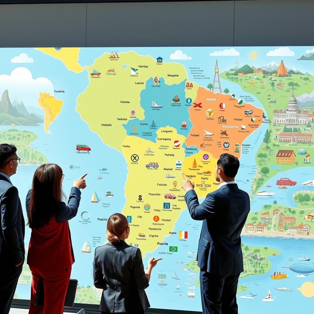 A vibrant, illustrative map of Brazil highlighting regional differences in service availability. In the foreground, depict professional individuals in business attire engaging in discussions, pointing at various areas on the map. The middle ground showcases distinct icons representing different services—like healthcare, transportation, and education—spreading across the map, with each region marked by unique symbols to reflect local characteristics. The background features iconic Brazilian landscapes and cityscapes, creating a rich cultural context. Utilize bright, natural lighting to enhance the vibrancy of the map, with a slight tilt-angle perspective to suggest depth. The overall mood should be informative and engaging, inviting viewers to explore the diverse service landscape across Brazil.