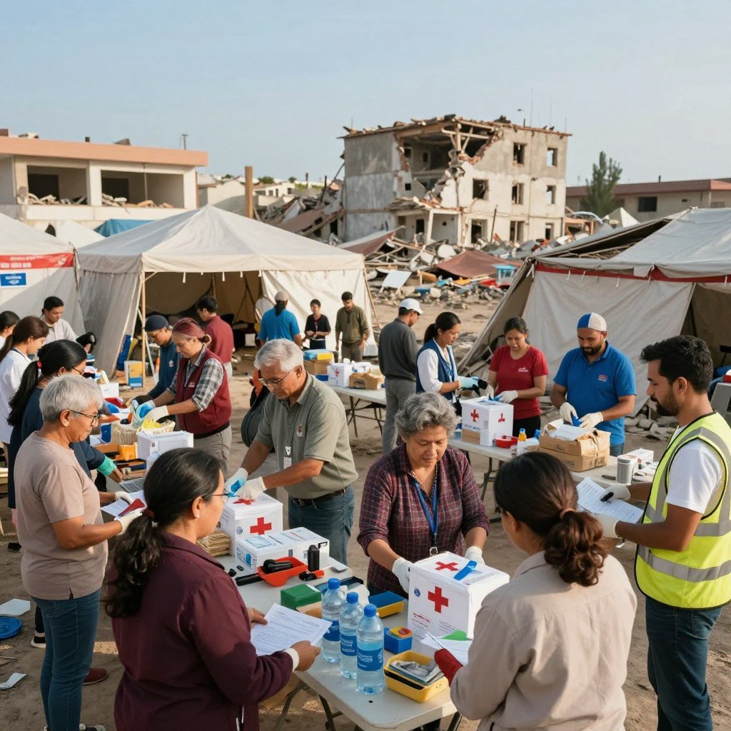 A vibrant scene depicting a community coming together for post-earthquake recovery efforts. In the foreground, a diverse group of people, including men and women of various ages and backgrounds, are engaged in collaborative activities; some are distributing supplies, while others are actively planning next steps, all dressed in professional or modest casual clothing. The middle ground features temporary tents and makeshift tables filled with food, water, and first aid supplies, as well as work tools. In the background, partially damaged buildings stand as a reminder of the earthquake's impact, with a clear blue sky overhead. Soft, warm lighting creates an atmosphere of hope and resilience, capturing the determination and solidarity of the community in rebuilding their lives. The angle shows a slight bird's-eye view, giving depth to the scene while focusing on the warmth of human interaction.