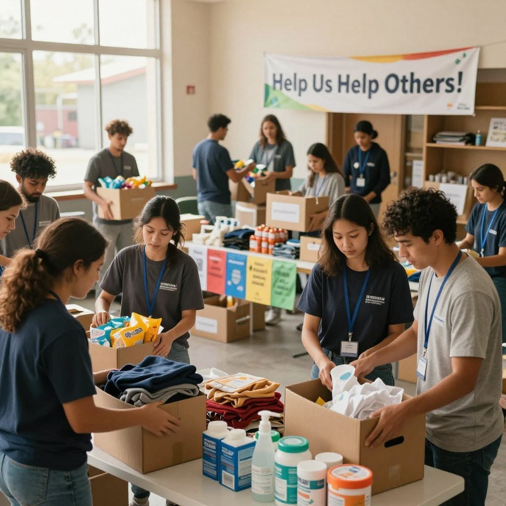 A vibrant scene depicting a community gathering focused on emergency donations in the aftermath of an earthquake. In the foreground, diverse group of volunteers, dressed in modest casual clothing, are energetically sorting and packing supplies such as clothing, food, and hygiene products into boxes. In the middle ground, a table is laden with donated goods, colorful banners that read "Help Us Help Others!" are hanging, creating a welcoming atmosphere. The background features a community center, with people entering and exiting, bringing more donations. Soft natural lighting filters through large windows, casting a warm glow that adds a hopeful mood to the scene. The overall atmosphere is collaborative and uplifting, emphasizing solidarity and support amidst adversity. A vibrant scene depicting a community gathering focused on emergency donations in the aftermath of an earthquake. In the foreground, diverse group of volunteers, dressed in modest casual clothing, are energetically sorting and packing supplies such as clothing, food, and hygiene products into boxes. In the middle ground, a table is laden with donated goods, colorful banners that read "Help Us Help Others!" are hanging, creating a welcoming atmosphere. The background features a community center, with people entering and exiting, bringing more donations. Soft natural lighting filters through large windows, casting a warm glow that adds a hopeful mood to the scene. The overall atmosphere is collaborative and uplifting, emphasizing solidarity and support amidst adversity.