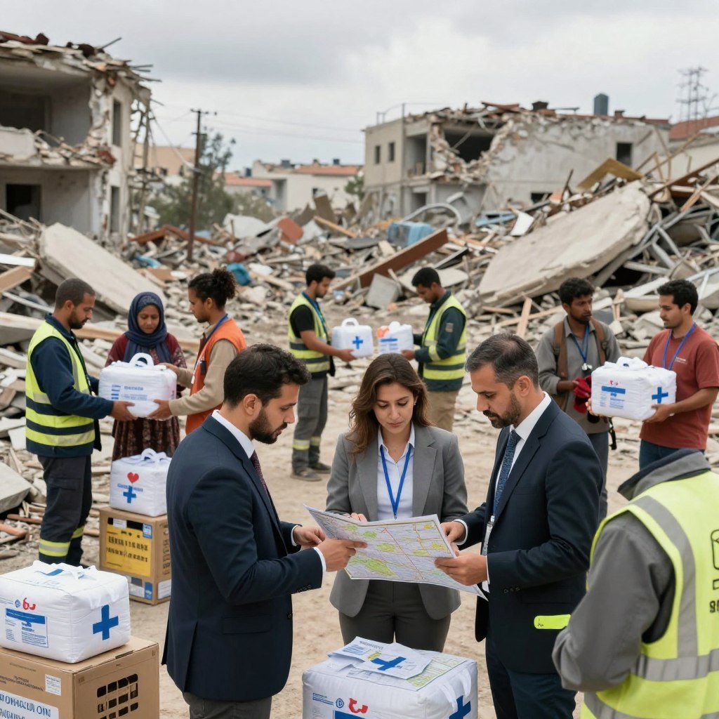 A vibrant scene depicting humanitarian aid efforts in the aftermath of earthquakes. In the foreground, diverse rescue workers in professional business attire are engaged in coordinated efforts, examining maps and discussing strategies. In the middle ground, volunteers distribute essential supplies like food, water, and medical kits to affected families, showcasing a spirit of cooperation. The background features a devastated urban landscape with partially collapsed buildings and debris, under a cloudy sky with soft, diffused lighting that enhances the somber yet hopeful atmosphere. The focus is on the unity and compassion among the volunteers, creating an image that inspires resilience and collaboration in crisis response. A vibrant scene depicting humanitarian aid efforts in the aftermath of earthquakes. In the foreground, diverse rescue workers in professional business attire are engaged in coordinated efforts, examining maps and discussing strategies. In the middle ground, volunteers distribute essential supplies like food, water, and medical kits to affected families, showcasing a spirit of cooperation. The background features a devastated urban landscape with partially collapsed buildings and debris, under a cloudy sky with soft, diffused lighting that enhances the somber yet hopeful atmosphere. The focus is on the unity and compassion among the volunteers, creating an image that inspires resilience and collaboration in crisis response.