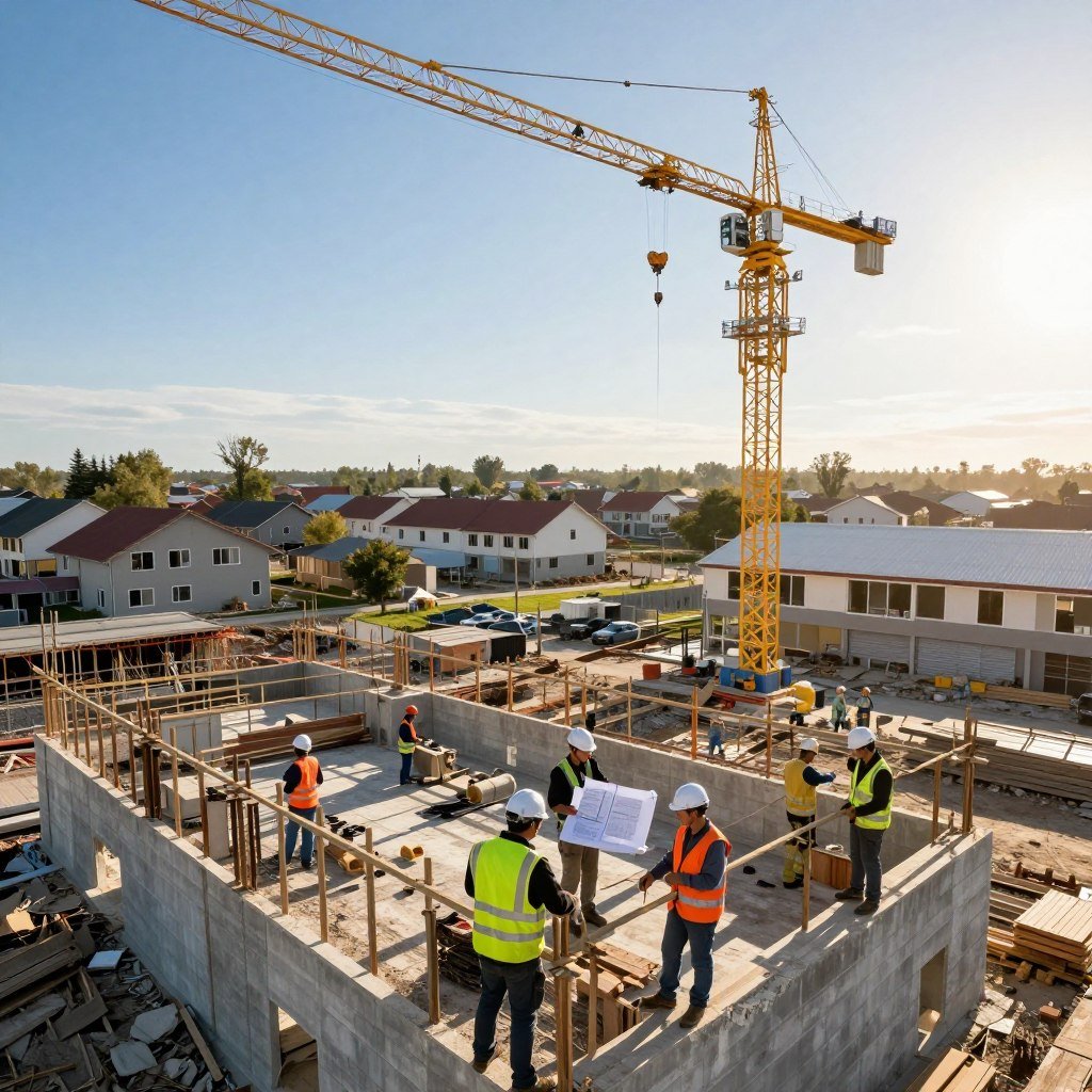 A vibrant scene showcasing the reconstruction of infrastructure after a disaster. In the foreground, skilled workers in professional attire meticulously construct a modern building framework, using cranes and new materials, symbolizing resilience and progress. In the middle ground, a partially rebuilt community with homes and schools demonstrates collaboration and innovation, while engineers are discussing plans over blueprints. The background features a clear blue sky, with a sun positioned to create a warm, hopeful atmosphere. Soft, natural lighting enhances the scene, evoking a sense of determination and community. The perspective is slightly elevated, offering an overarching view of the revitalization efforts, emphasizing the theme of disaster prevention and future preparedness.