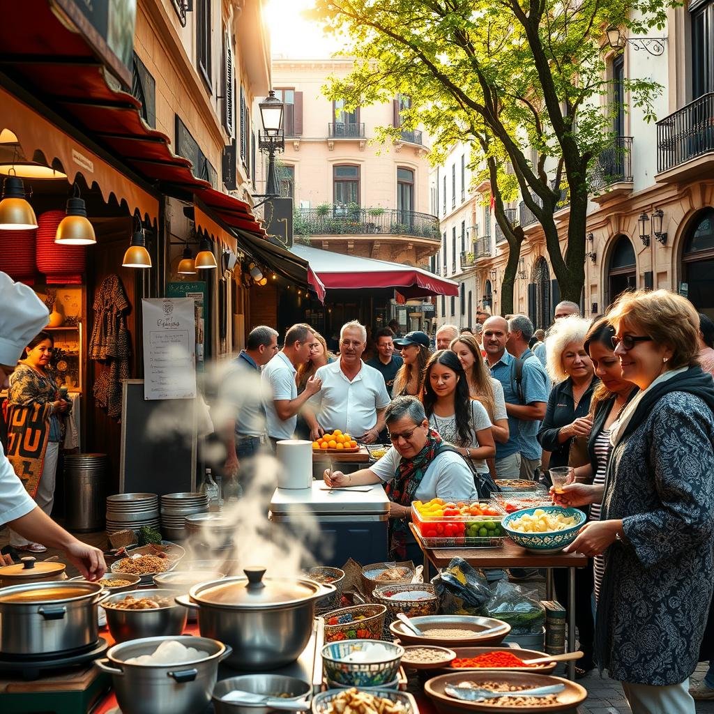 A vibrant street market scene bustling with activity, showcasing an array of local delicacies and cultural artifacts. In the foreground, a chef in professional attire skillfully prepares traditional dishes at a colorful food stall, steam rising from a pot. In the middle ground, visitors interact with local vendors offering fresh fruits, spices, and handmade crafts, their expressions filled with joy and curiosity. The background reveals cozy cafes with outdoor seating, adorned with string lights, and historic buildings that reflect the city’s architecture. Soft, warm sunlight filters through the trees, casting a golden glow over the scene, creating an inviting atmosphere that emphasizes gastronomy and cultural experiences. The image captures the essence of local life, inviting viewers to explore and savor new adventures. A vibrant street market scene bustling with activity, showcasing an array of local delicacies and cultural artifacts. In the foreground, a chef in professional attire skillfully prepares traditional dishes at a colorful food stall, steam rising from a pot. In the middle ground, visitors interact with local vendors offering fresh fruits, spices, and handmade crafts, their expressions filled with joy and curiosity. The background reveals cozy cafes with outdoor seating, adorned with string lights, and historic buildings that reflect the city’s architecture. Soft, warm sunlight filters through the trees, casting a golden glow over the scene, creating an inviting atmosphere that emphasizes gastronomy and cultural experiences. The image captures the essence of local life, inviting viewers to explore and savor new adventures.