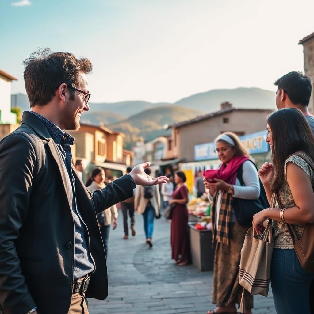 A vibrant travel guide scene featuring a diverse group of travelers engaged in respectful cultural interactions. In the foreground, a person in smart casual attire gestures toward a local artisan demonstrating traditional crafts. The middle contains a picturesque street bustling with locals, showcasing regional architecture and colorful market stalls. Soft, warm lighting bathes the atmosphere in the late afternoon sun, accentuating the feeling of harmony and understanding among travelers and locals. In the background, gentle hills and blue skies hint at the journey's destination. The overall mood is friendly and inviting, emphasizing etiquette and cultural respect. A vibrant travel guide scene featuring a diverse group of travelers engaged in respectful cultural interactions. In the foreground, a person in smart casual attire gestures toward a local artisan demonstrating traditional crafts. The middle contains a picturesque street bustling with locals, showcasing regional architecture and colorful market stalls. Soft, warm lighting bathes the atmosphere in the late afternoon sun, accentuating the feeling of harmony and understanding among travelers and locals. In the background, gentle hills and blue skies hint at the journey's destination. The overall mood is friendly and inviting, emphasizing etiquette and cultural respect.