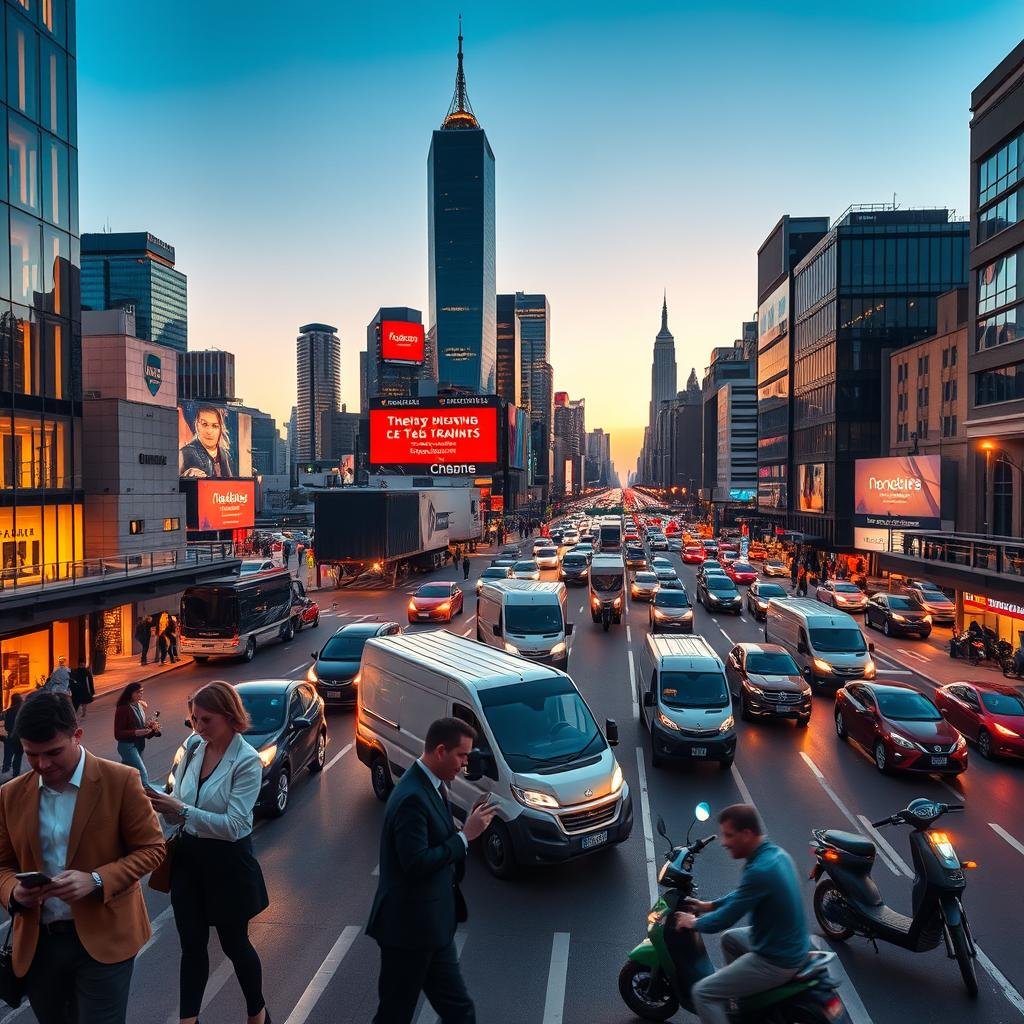 A vibrant urban landscape showcasing a bustling city center at dusk, illuminated by soft streetlights and the warm glow of building windows. In the foreground, depict a diverse group of business professionals in smart attire, using mobile devices and digital maps, showcasing Here Technologies' advanced geolocation tools. In the middle ground, integrate modern logistics vehicles, like delivery vans and electric scooters, navigating through traffic seamlessly, symbolizing efficiency in urban logistics. The background features iconic skyscrapers and busy streets, with a clear sky transitioning to twilight. Use a slightly elevated angle to capture a panoramic view, with emphasis on movement and connectivity, creating a mood of innovation and progress in urban technology.