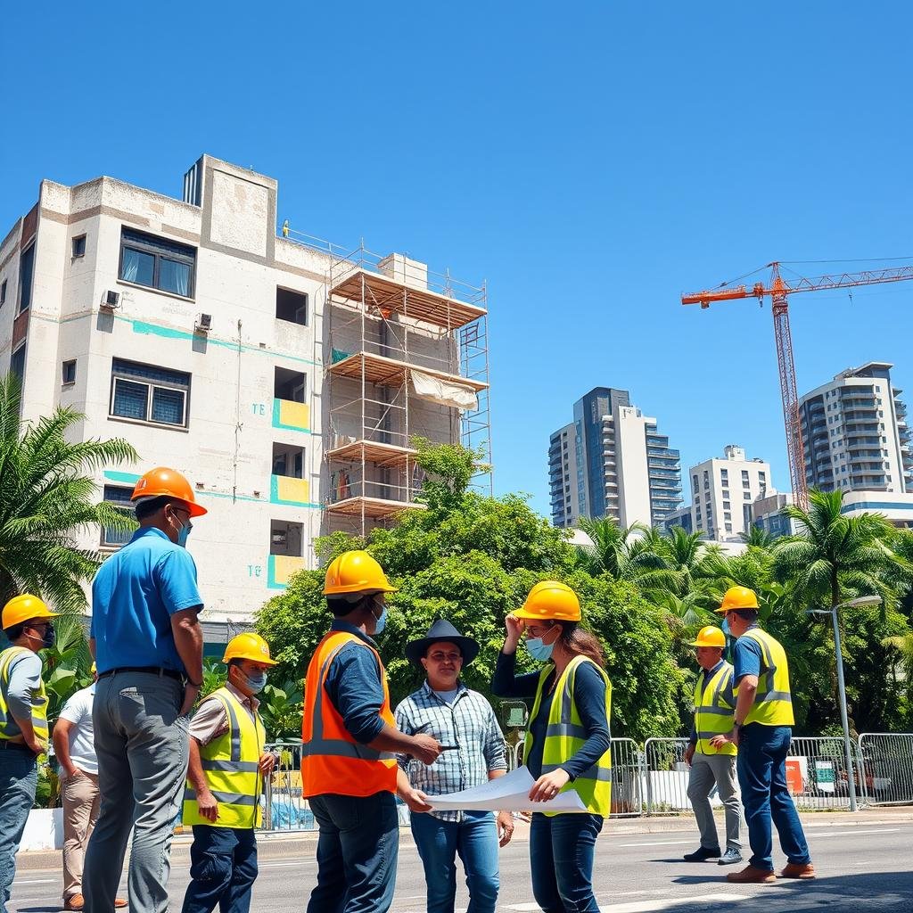 A vibrant urban scene showcasing a lively construction site in Brazil, emphasizing "reformas" or renovations. In the foreground, a diverse group of professional workers dressed in safety gear and casual business attire collaborates, discussing blueprints. The middle ground features a partially renovated building with scaffolding and bright fresh paint, symbolizing urban revitalization. Lush greenery and modern city architecture can be seen in the background, under a clear blue sky to evoke a sense of possibility. The lighting is bright and natural, highlighting the activity and progress of urban development. The mood is energetic and optimistic, capturing the essence of transformation and the increasing value of urban properties.