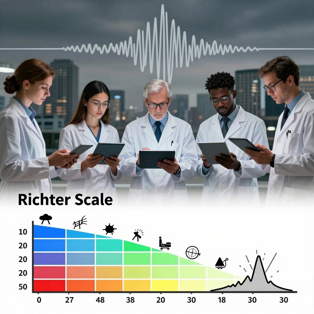 A visually engaging illustration depicting the "Richter Scale" classification of earthquakes. In the foreground, a detailed graphic showing the Richter scale with clearly defined intensity levels, represented by vivid colors and gradations; each level should have illustrative icons symbolizing the destructive potential of earthquakes. In the middle ground, a diverse group of scientists in professional attire, analyzing data on tablets, engaged in discussion, conveying a sense of collaboration and urgency. The background features a stylized seismograph displaying wavy lines, indicating seismic activity, with a muted, atmospheric city skyline under a dramatic sky. The lighting should be soft yet focused, highlighting the scientists' expressions, while a sense of tension and seriousness fills the scene. A visually engaging illustration depicting the "Richter Scale" classification of earthquakes. In the foreground, a detailed graphic showing the Richter scale with clearly defined intensity levels, represented by vivid colors and gradations; each level should have illustrative icons symbolizing the destructive potential of earthquakes. In the middle ground, a diverse group of scientists in professional attire, analyzing data on tablets, engaged in discussion, conveying a sense of collaboration and urgency. The background features a stylized seismograph displaying wavy lines, indicating seismic activity, with a muted, atmospheric city skyline under a dramatic sky. The lighting should be soft yet focused, highlighting the scientists' expressions, while a sense of tension and seriousness fills the scene.